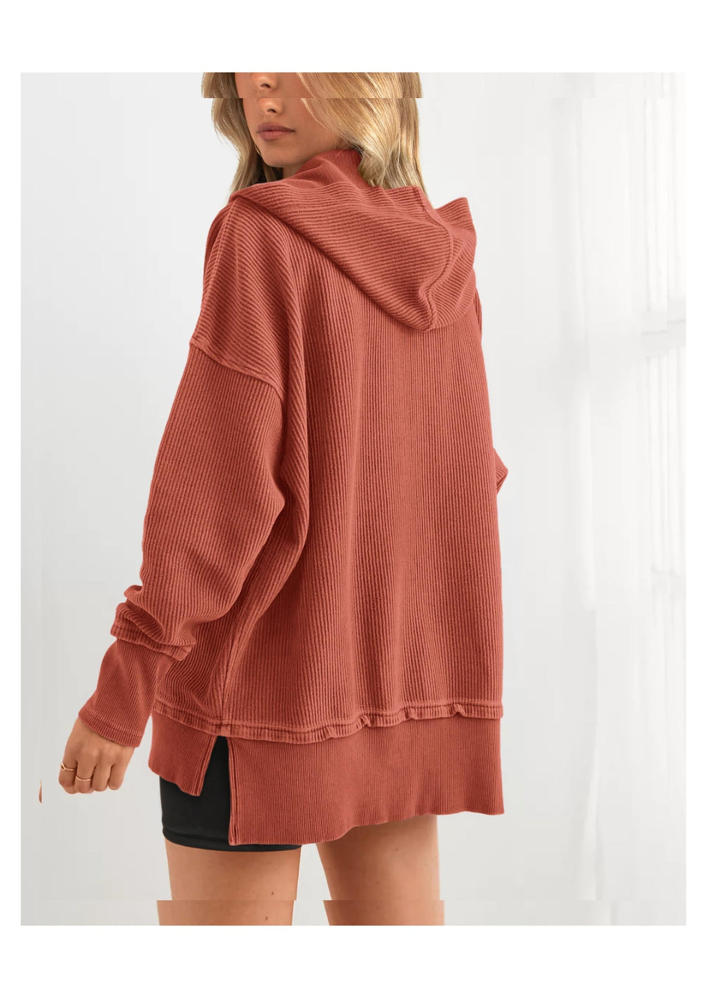 Womens Fashion Oversized Long Sleeve Hoodie Button Down V Neck Sweatshirt Side Slit Casual Pullover Tops