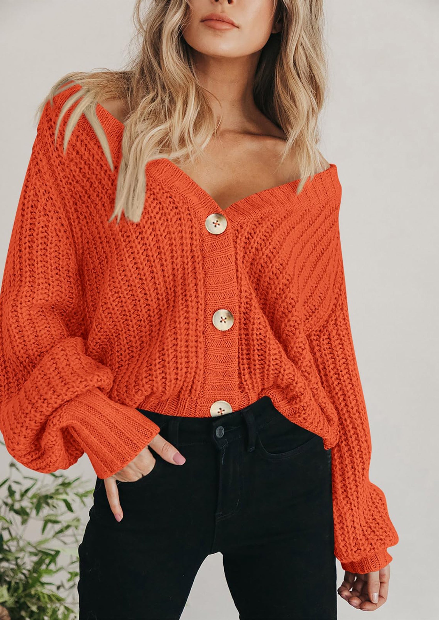 Women's Chunky Knit Open Front Sweater Long Sleeve Button Loose Short Cardigan Outerwear Coats