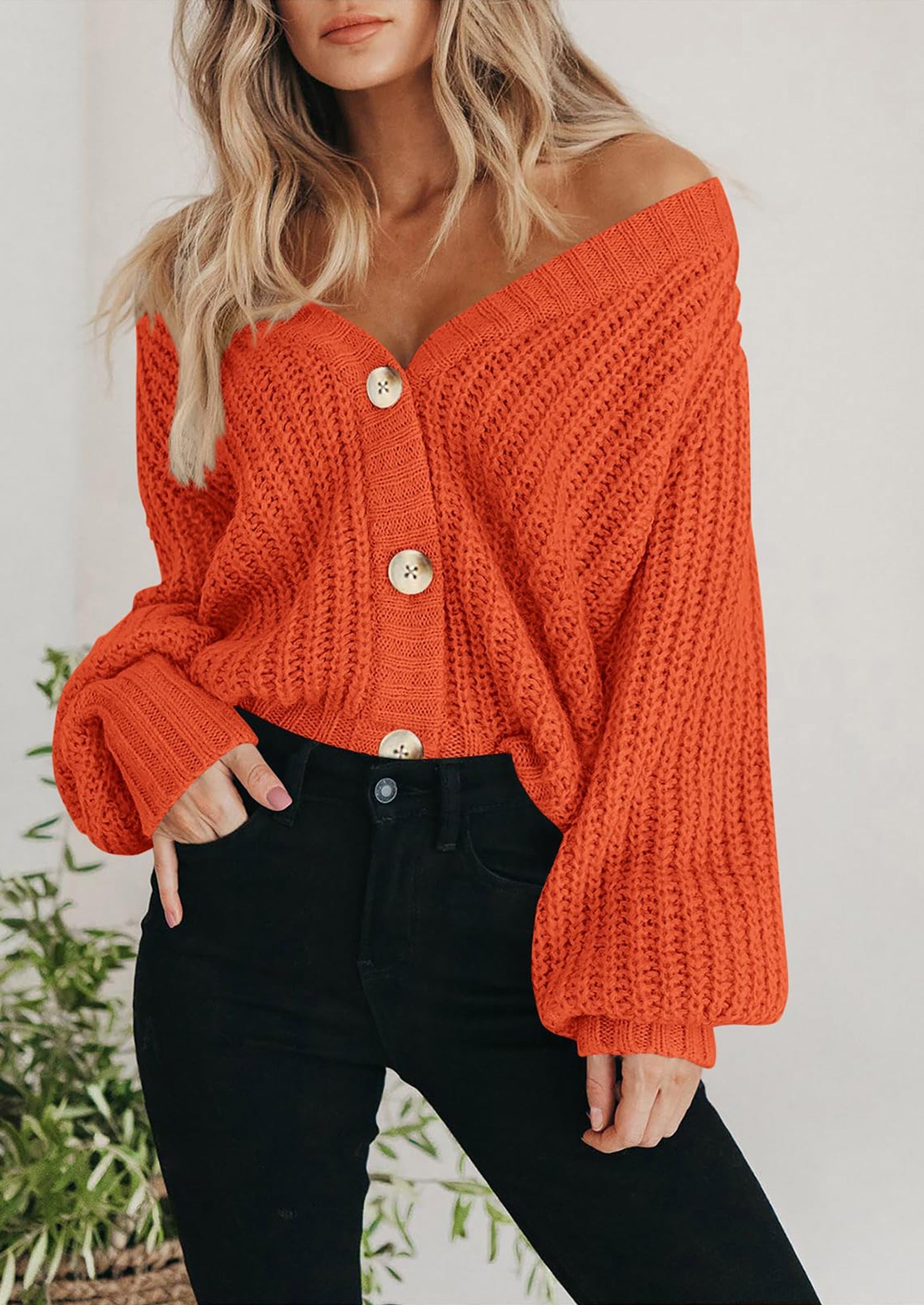 Women's Chunky Knit Open Front Sweater Long Sleeve Button Loose Short Cardigan Outerwear Coats