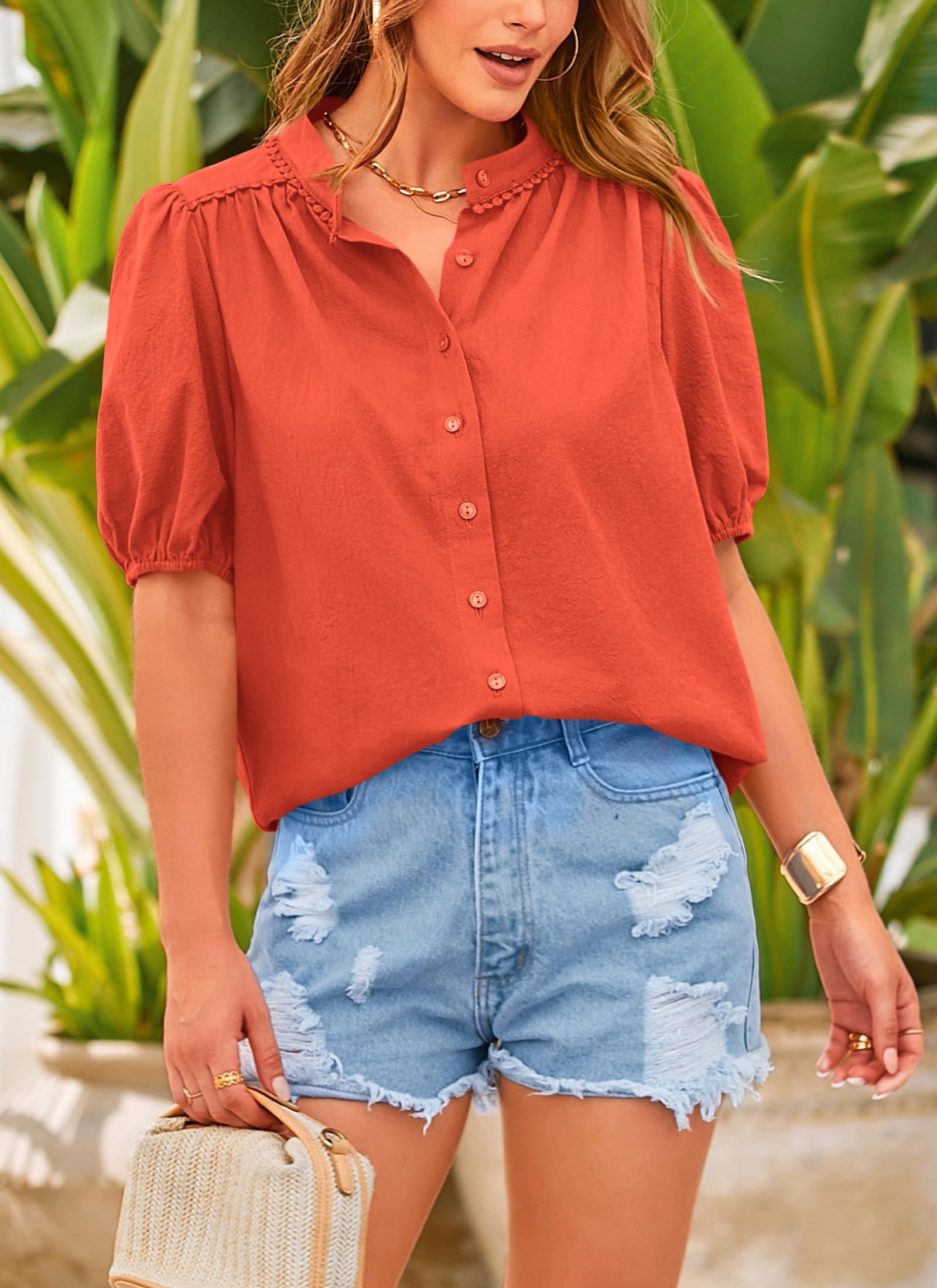 Women's Summer Tops Button Down Shirts Short Lantern Sleeve V Neck Cotton Cute Dressy Casual Blouses