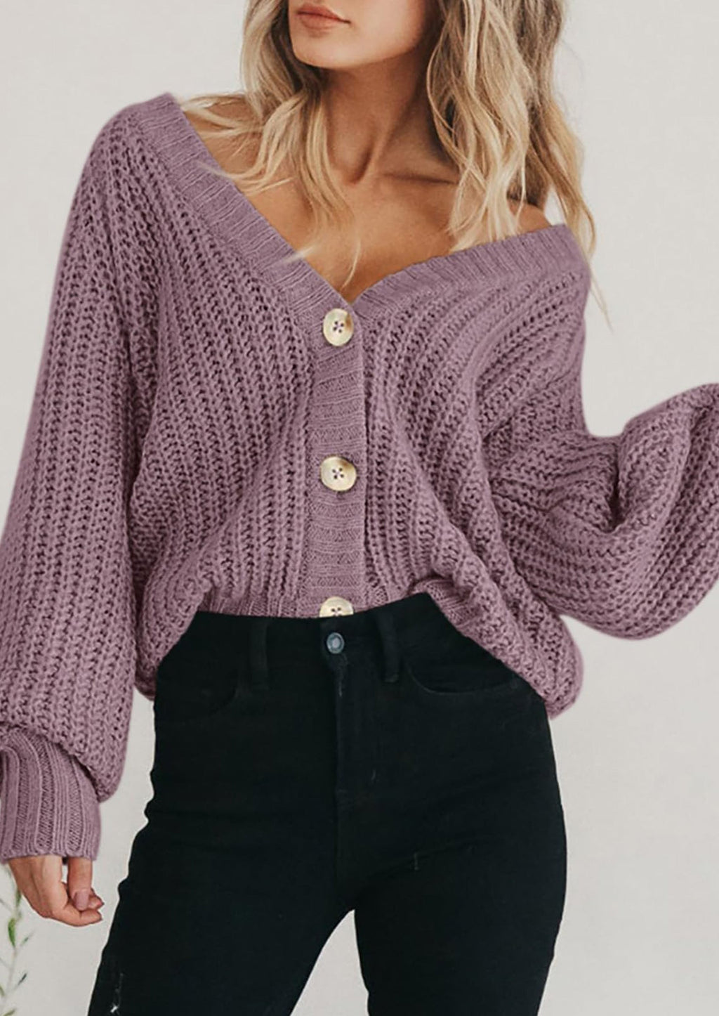 Women's Chunky Knit Open Front Sweater Long Sleeve Button Loose Short Cardigan Outerwear Coats