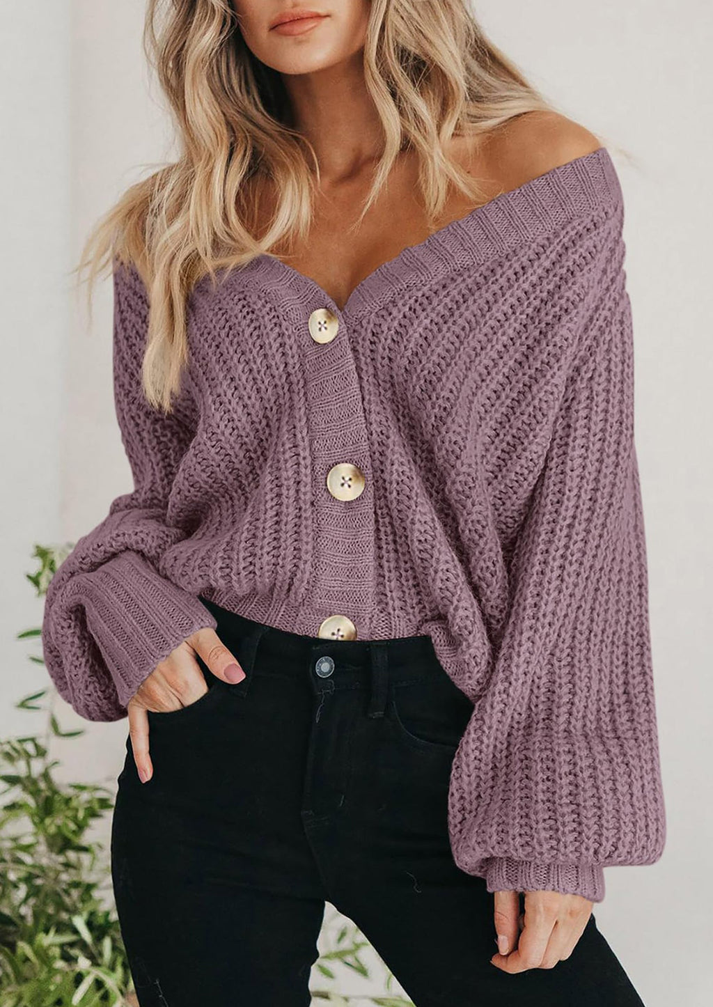 Women's Chunky Knit Open Front Sweater Long Sleeve Button Loose Short Cardigan Outerwear Coats