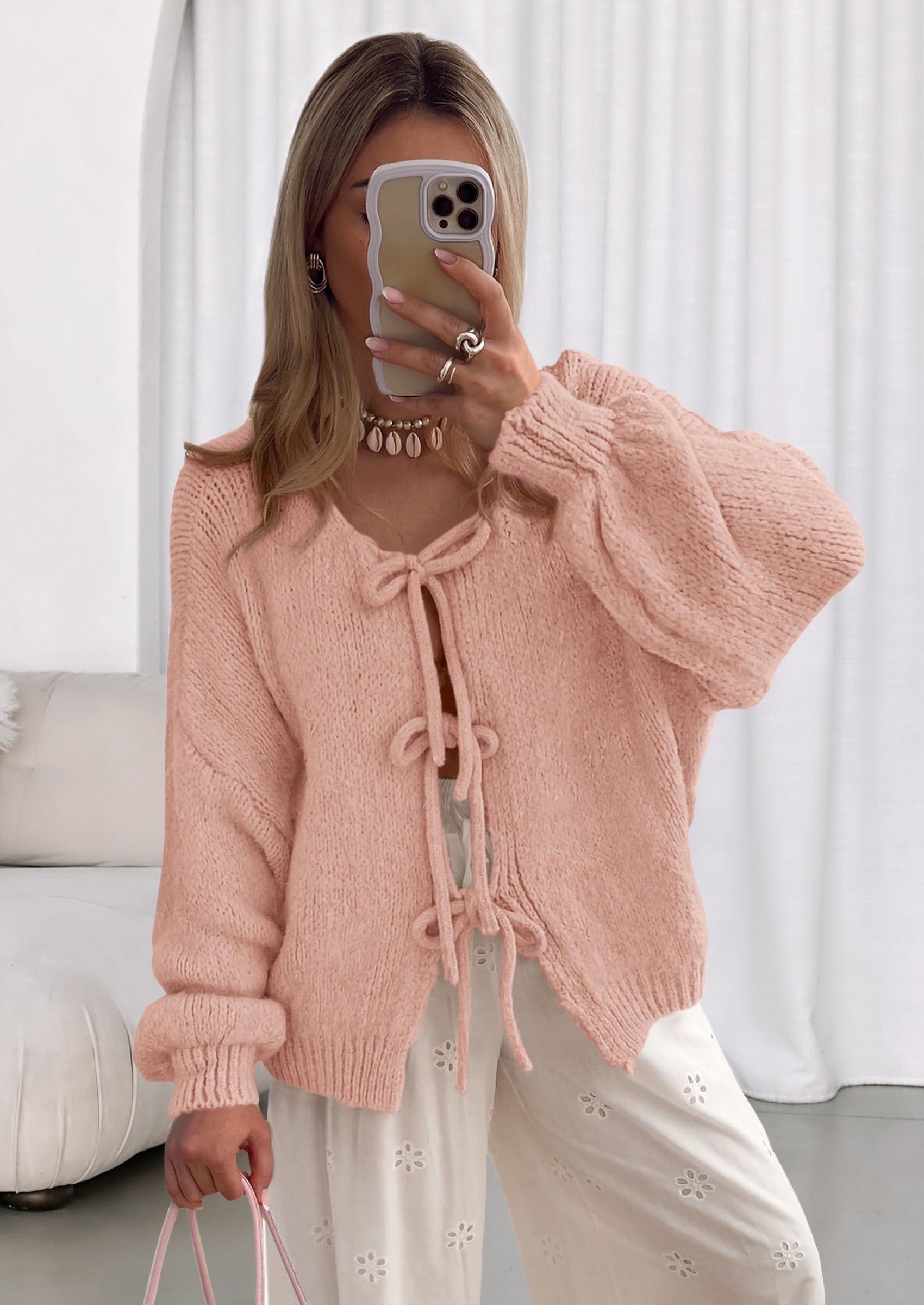 Women's Tie Front Bow Cardigan Sweaters Chunky Knit Long Puff Sleeve Trendy Fall Winter Jacket Coats