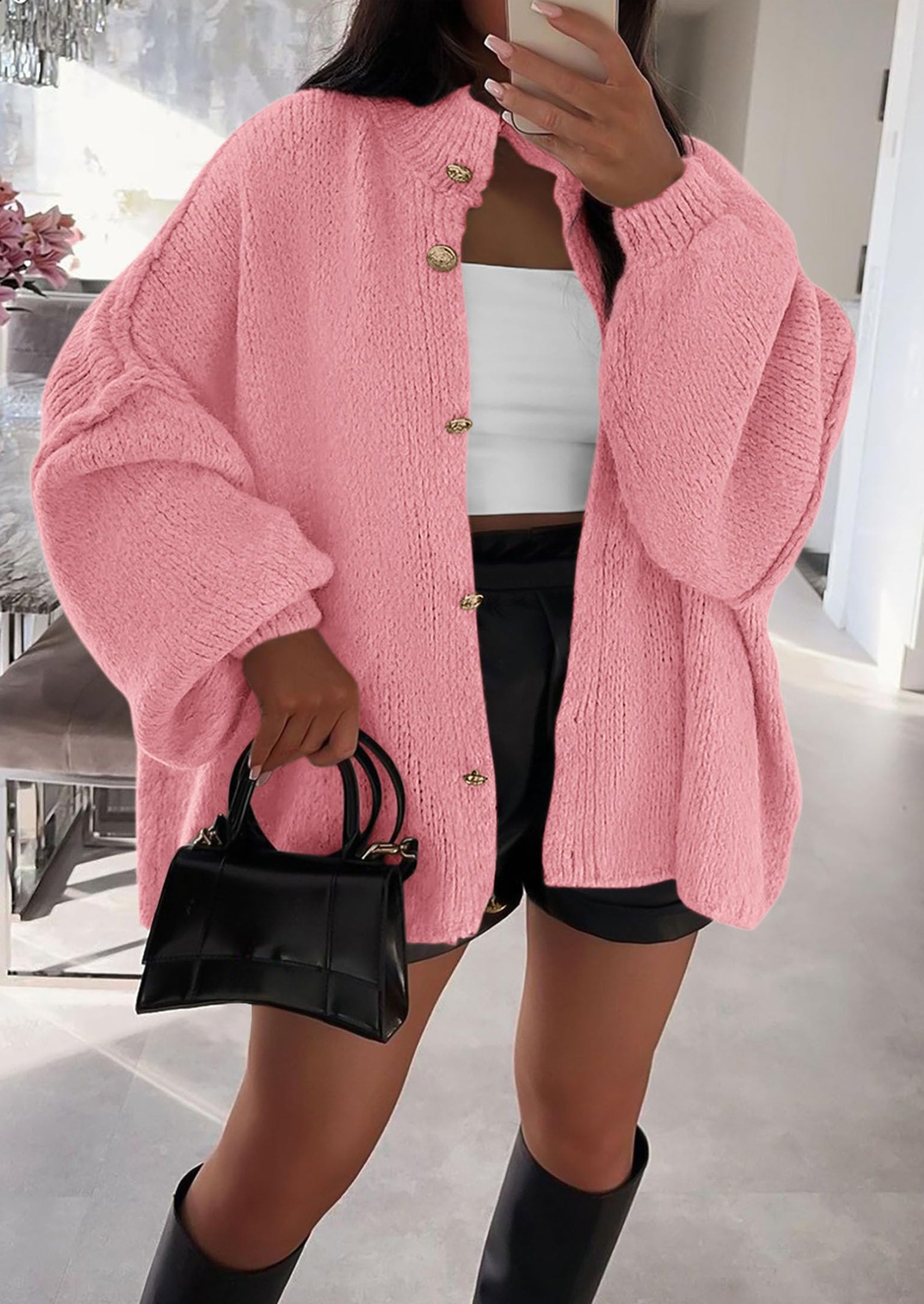 Women's Winter Button Down Cardigan Sweaters Mock Neck Lantern Long Sleeve Chunky Knit Jacket Trendy Outerwear