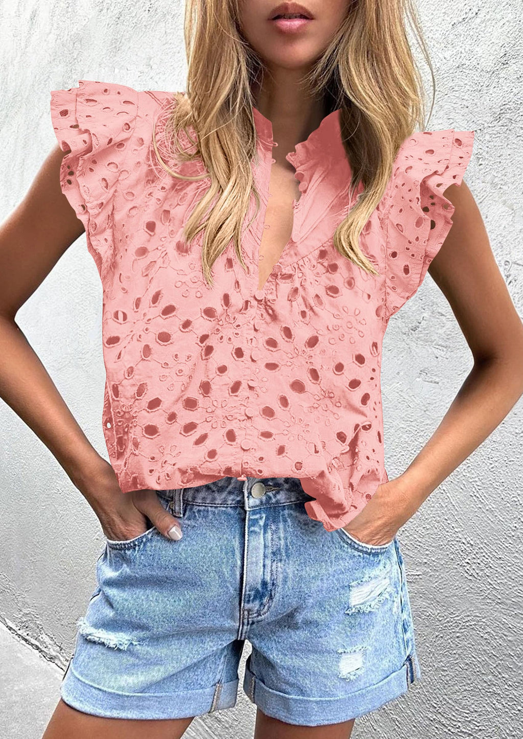 Womens Summer Tops 2025 Dressy Casual Ruffle Cap Sleeve Button V Neck Embroidered Eyelet Blouses Shirts