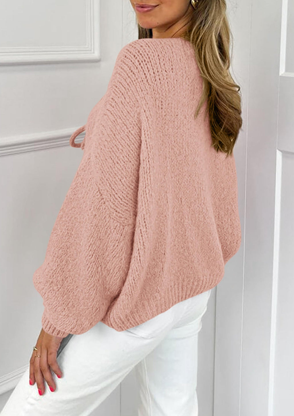 Women's Tie Front Bow Cardigan Sweaters Chunky Knit Long Puff Sleeve Trendy Fall Winter Jacket Coats