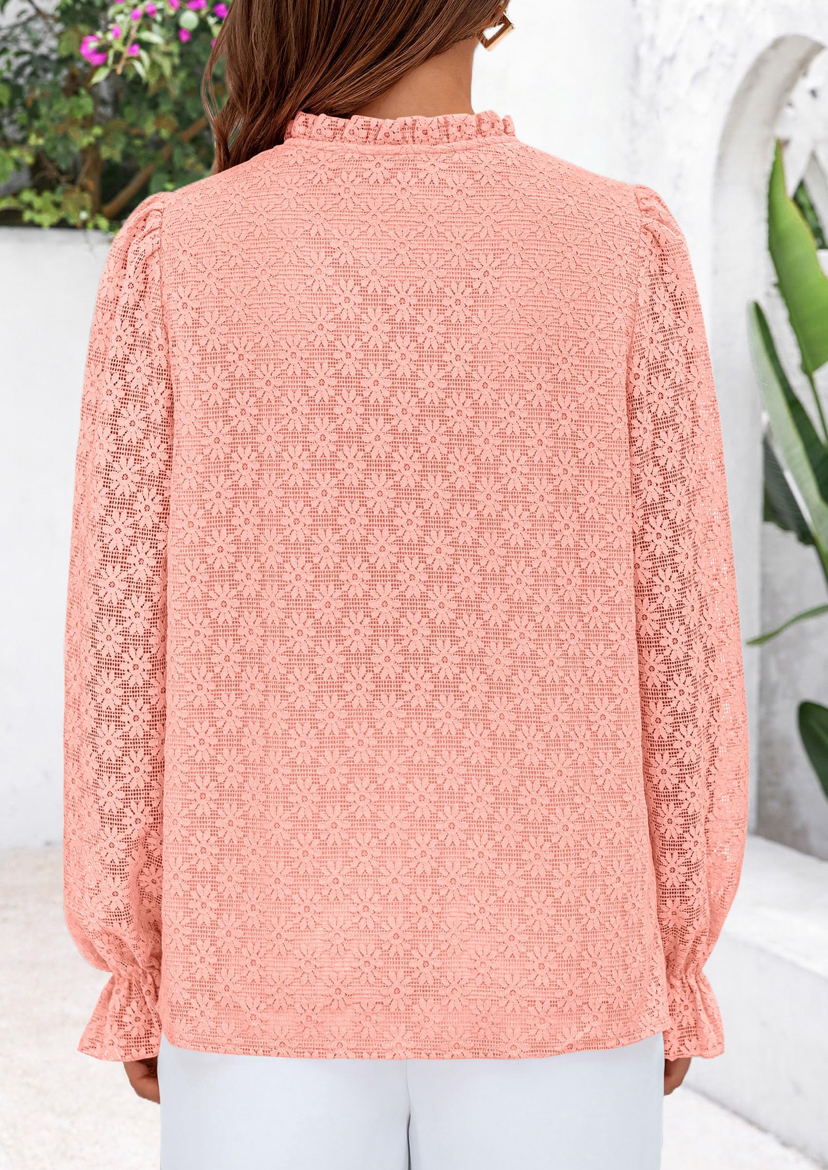 Lace Long Sleeve Tops for Women Eyelet Blouses Dressy Casual Hollow Out Button Down Shirts Summer Outfits