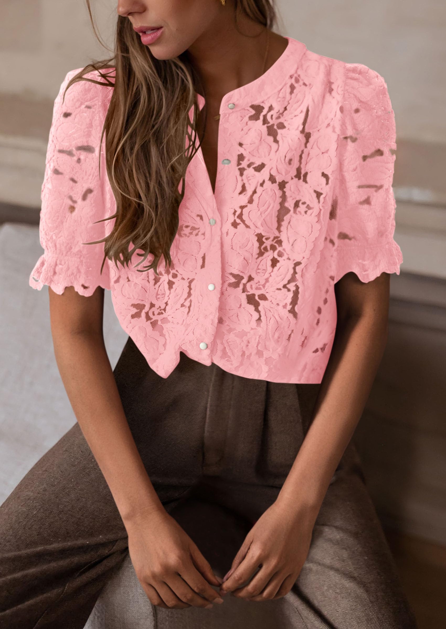 Womens Spring Lace Tops Short Puff Sleeve Casual Dressy Blouses Eyelet Crew Neck Button Down Shirts