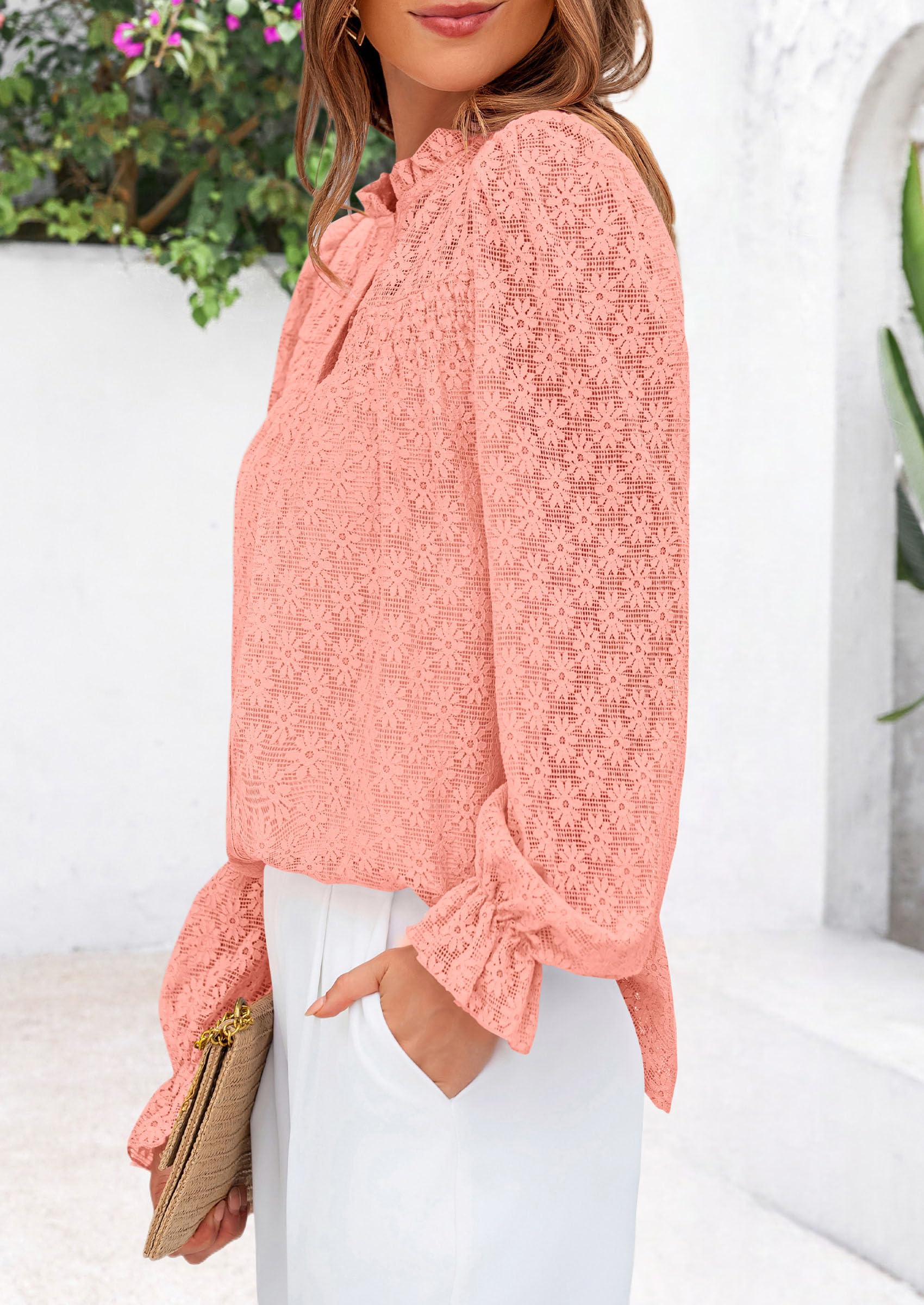 Lace Long Sleeve Tops for Women Eyelet Blouses Dressy Casual Hollow Out Button Down Shirts Summer Outfits