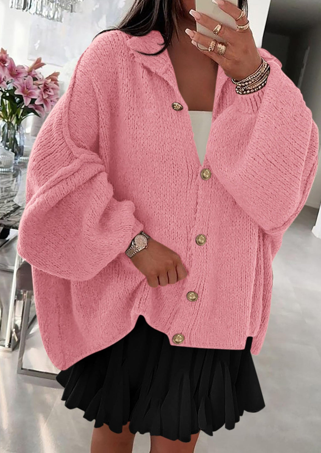 Women's Winter Button Down Cardigan Sweaters Mock Neck Lantern Long Sleeve Chunky Knit Jacket Trendy Outerwear