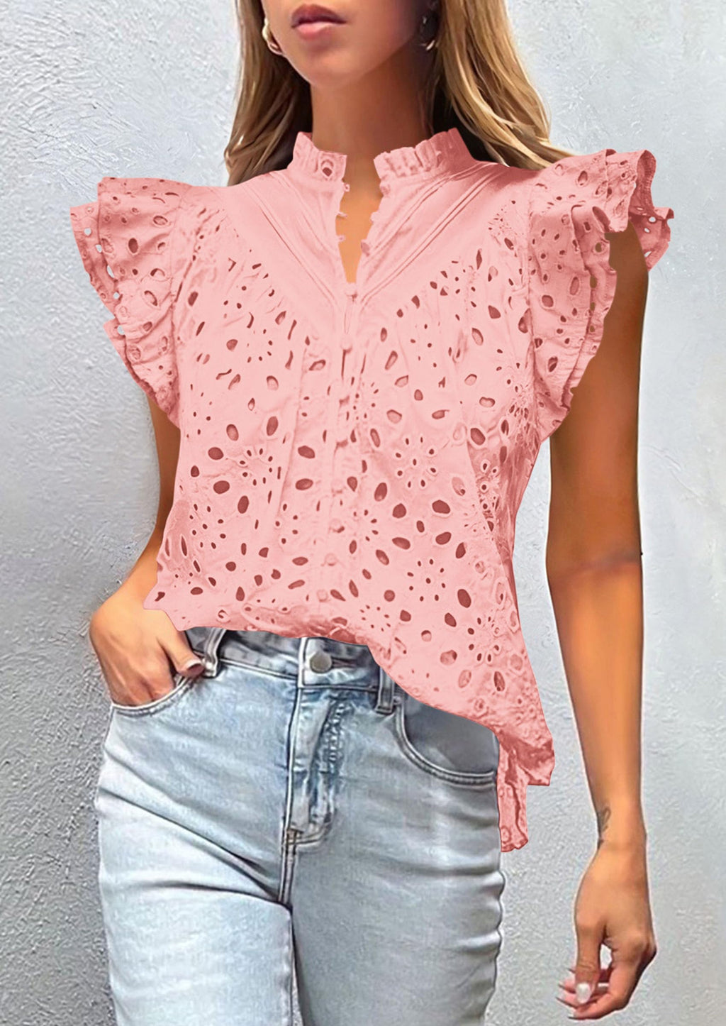 Womens Summer Tops 2025 Dressy Casual Ruffle Cap Sleeve Button V Neck Embroidered Eyelet Blouses Shirts