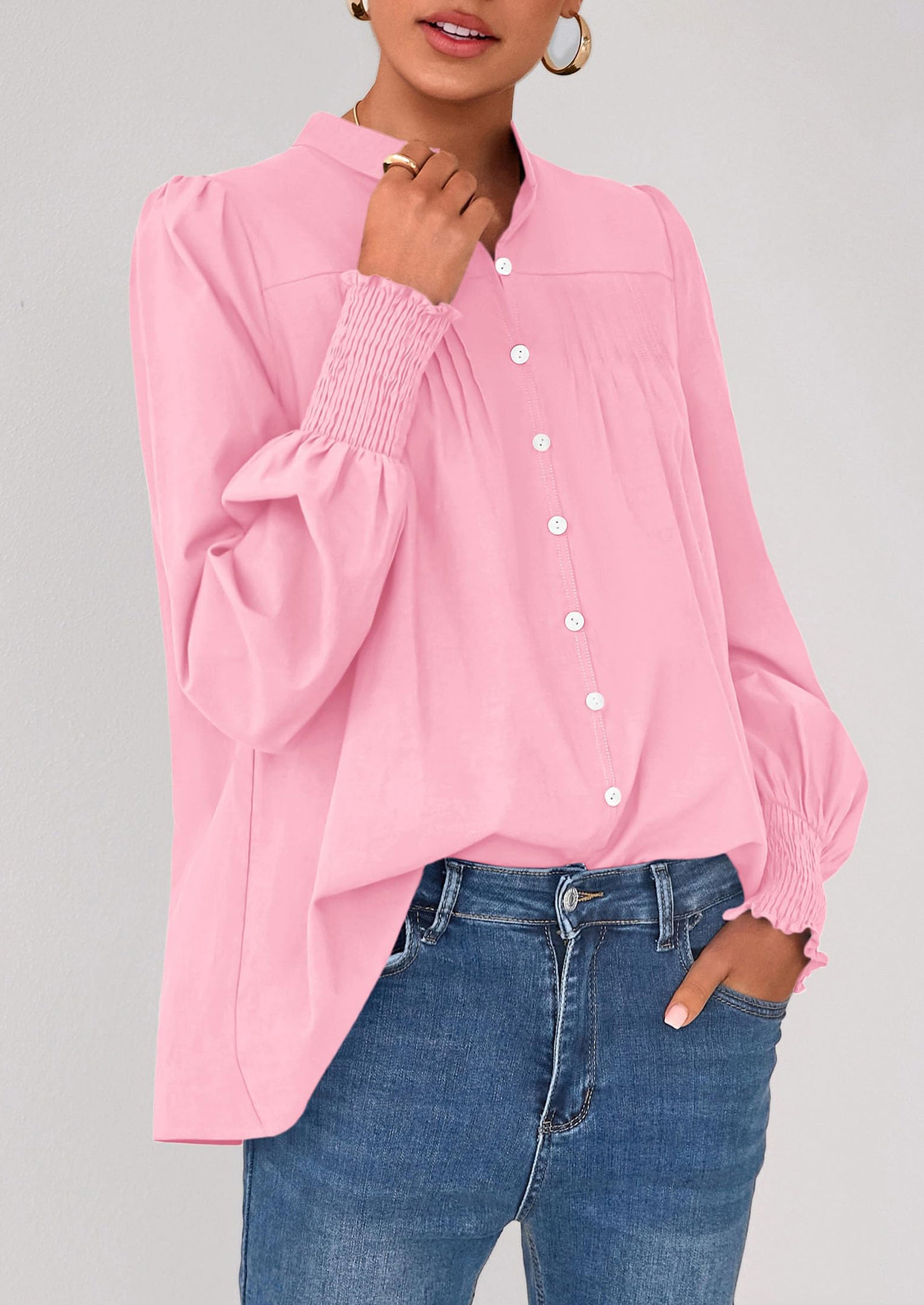 Womens Fall Lantern Long Sleeve Shirts Trendy Button V Neck Pleated Henley Tops Loose Work Blouses