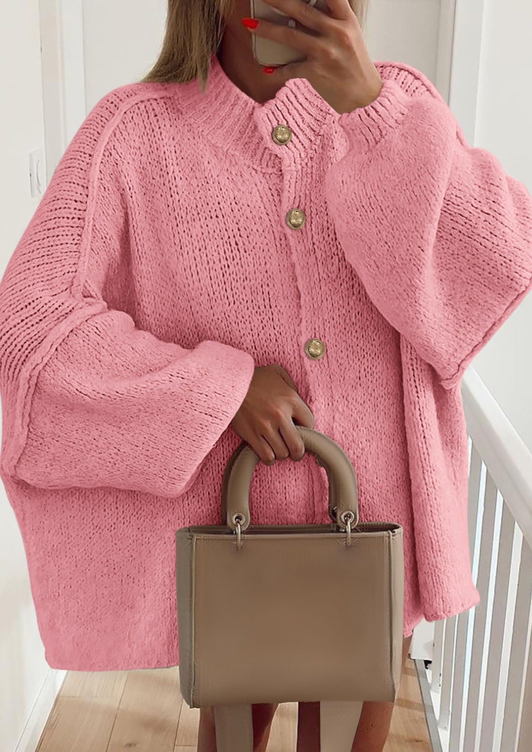 Women's Winter Button Down Cardigan Sweaters Mock Neck Lantern Long Sleeve Chunky Knit Jacket Trendy Outerwear