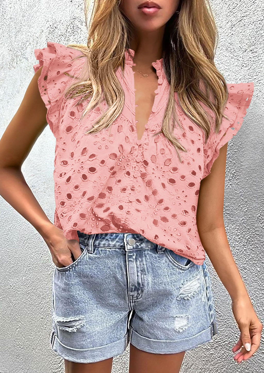 Womens Summer Tops 2025 Dressy Casual Ruffle Cap Sleeve Button V Neck Embroidered Eyelet Blouses Shirts