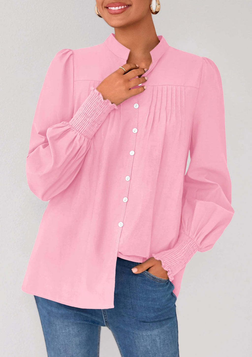 Womens Fall Lantern Long Sleeve Shirts Trendy Button V Neck Pleated Henley Tops Loose Work Blouses