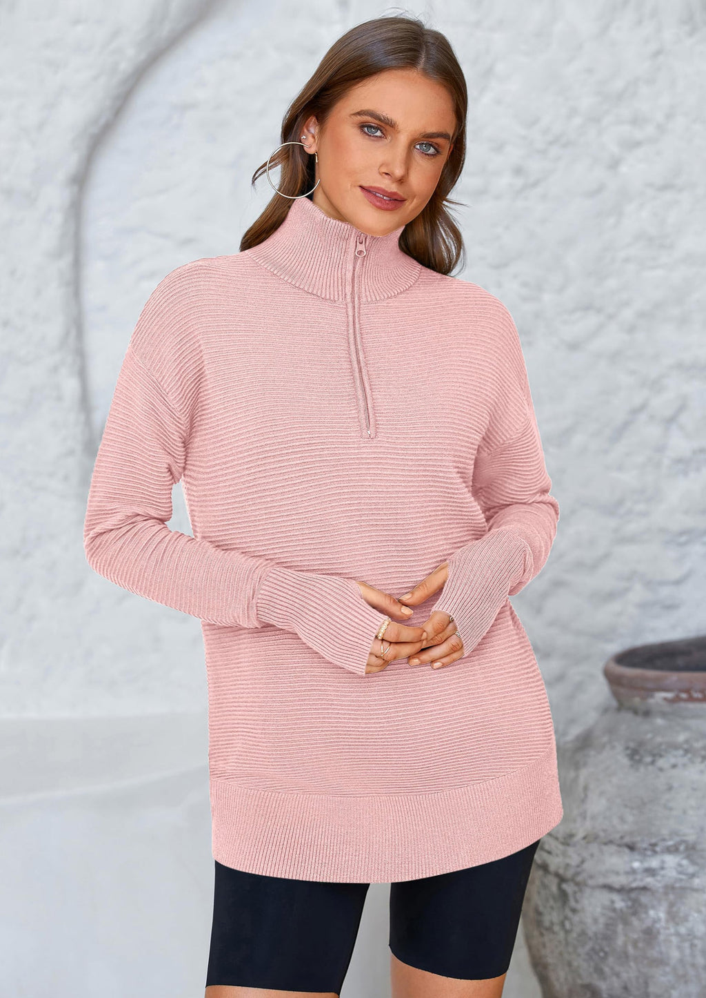 Womens Long Sleeve Quarter Zip Pullover Sweater Casual Loose V Neck Collared Ribbed Knit Jumper Tops Thumb Hole