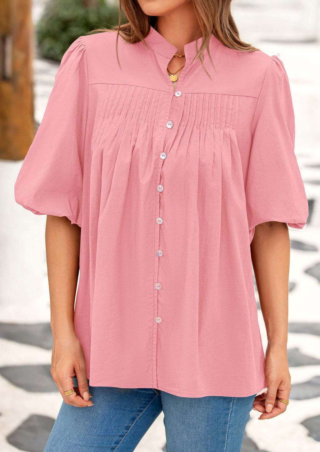 Women's Summer Short Lantern Sleeve Tops Loose Fit Button Down Shirt Casual Pleated V Neck Blouses