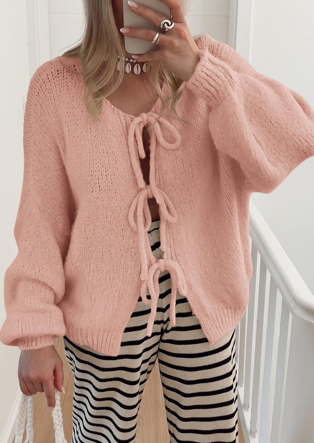 Women's Tie Front Bow Cardigan Sweaters Chunky Knit Long Puff Sleeve Trendy Fall Winter Jacket Coats