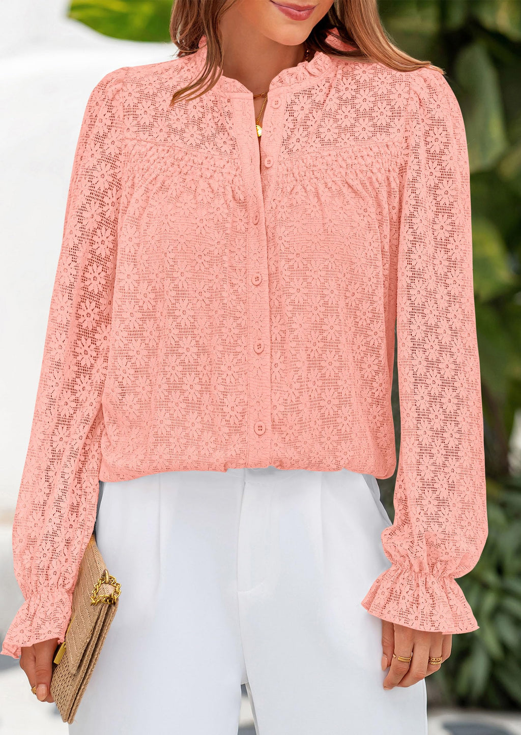 Lace Long Sleeve Tops for Women Eyelet Blouses Dressy Casual Hollow Out Button Down Shirts Summer Outfits