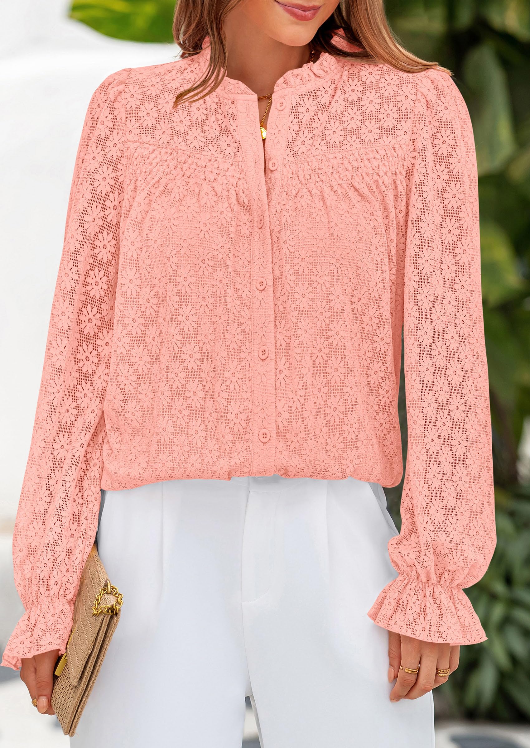 Lace Long Sleeve Tops for Women Eyelet Blouses Dressy Casual Hollow Out Button Down Shirts Summer Outfits