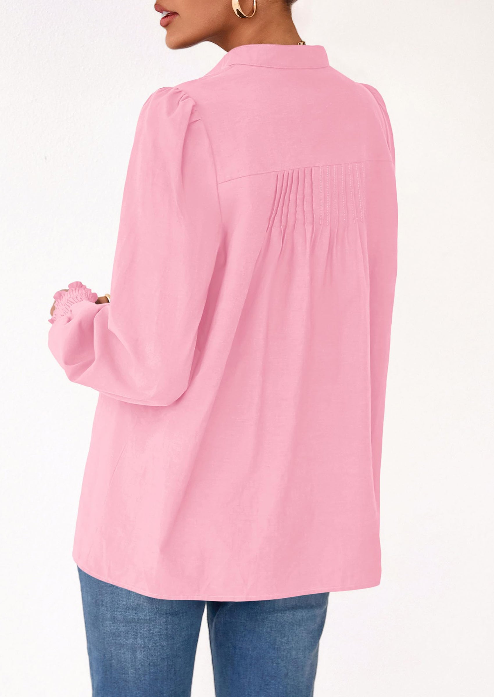 Womens Fall Lantern Long Sleeve Shirts Trendy Button V Neck Pleated Henley Tops Loose Work Blouses