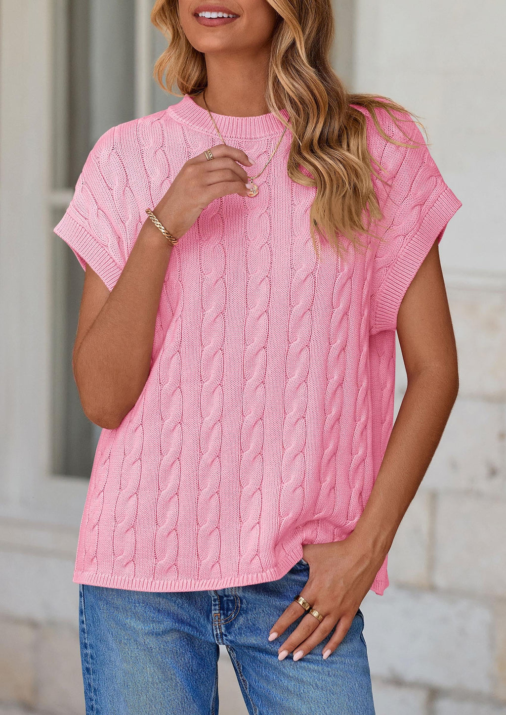 Women's Sweater Vest Summer Short Sleeve Tops Casual Crewneck Knit Oversized Pullover Trendy Spring Outfits