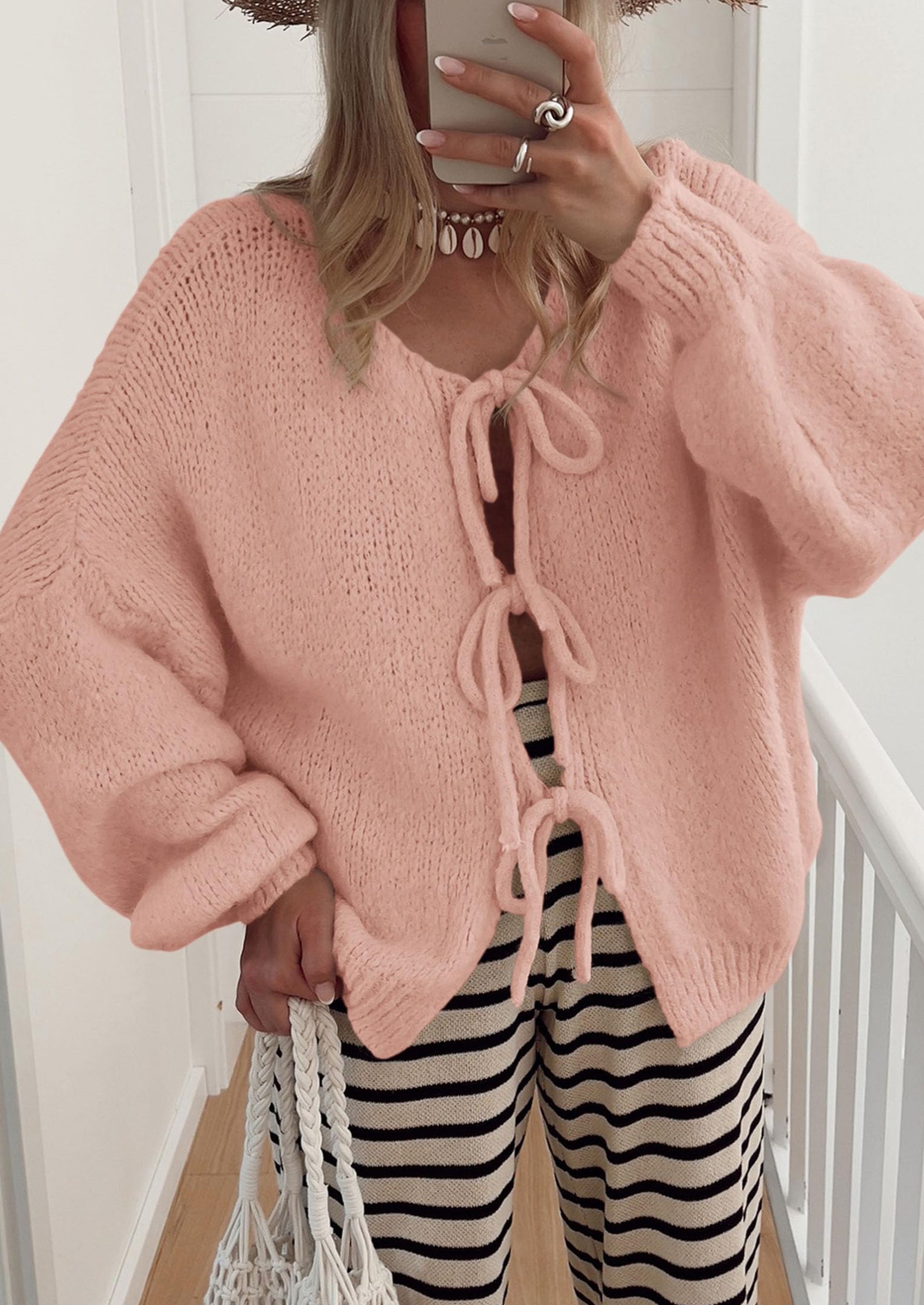 Women's Tie Front Bow Cardigan Sweaters Chunky Knit Long Puff Sleeve Trendy Fall Winter Jacket Coats