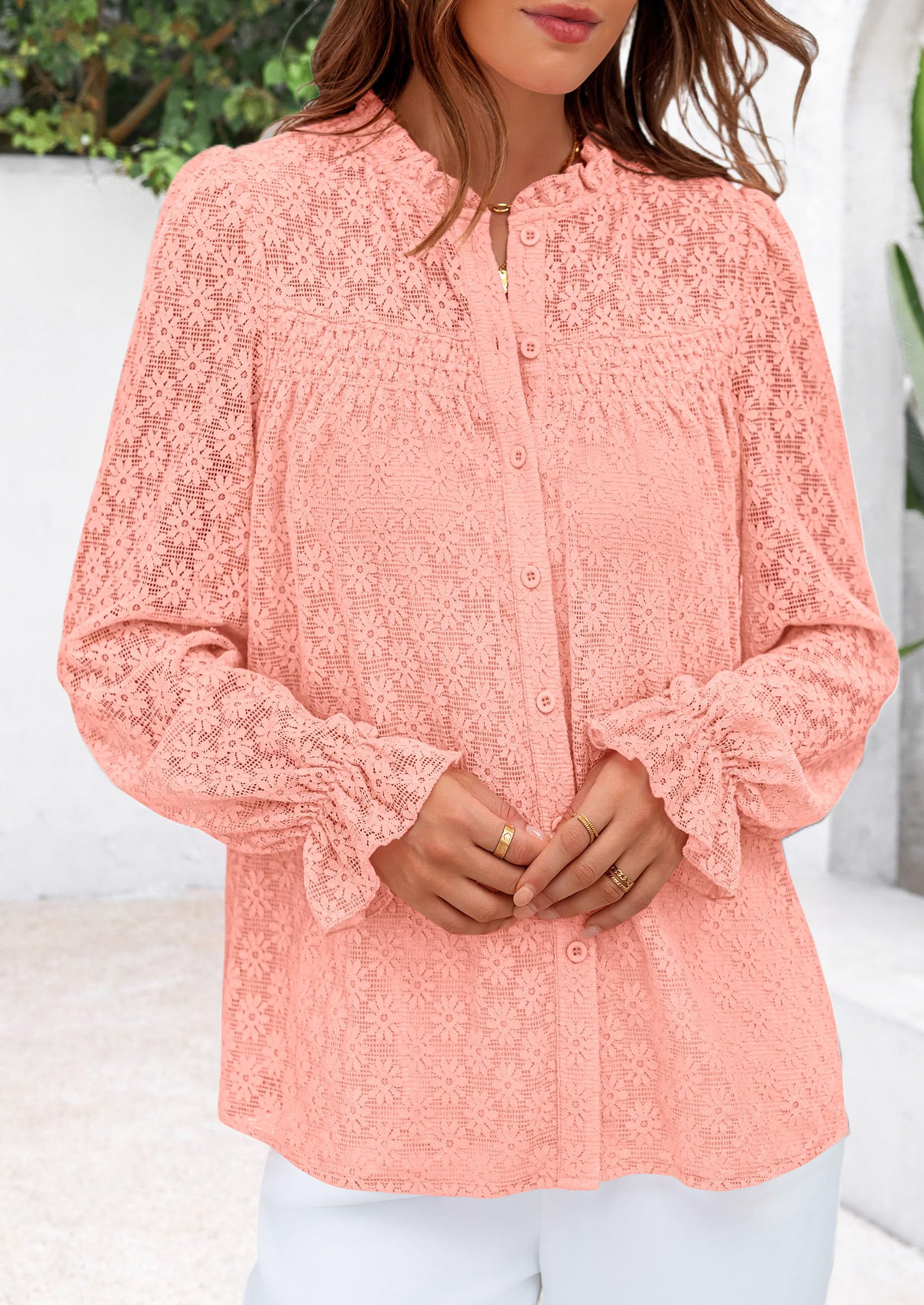 Lace Long Sleeve Tops for Women Eyelet Blouses Dressy Casual Hollow Out Button Down Shirts Summer Outfits