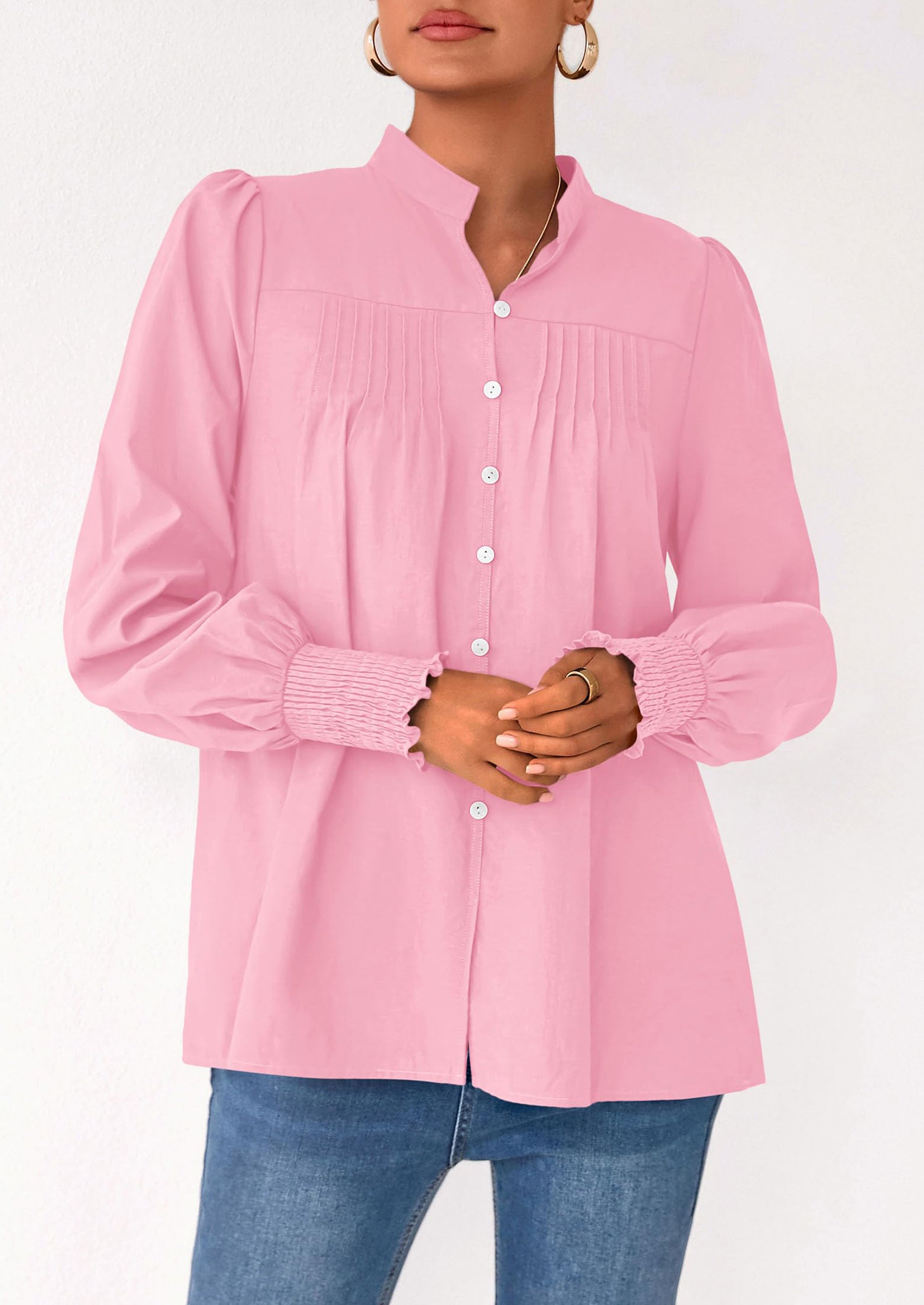 Womens Fall Lantern Long Sleeve Shirts Trendy Button V Neck Pleated Henley Tops Loose Work Blouses