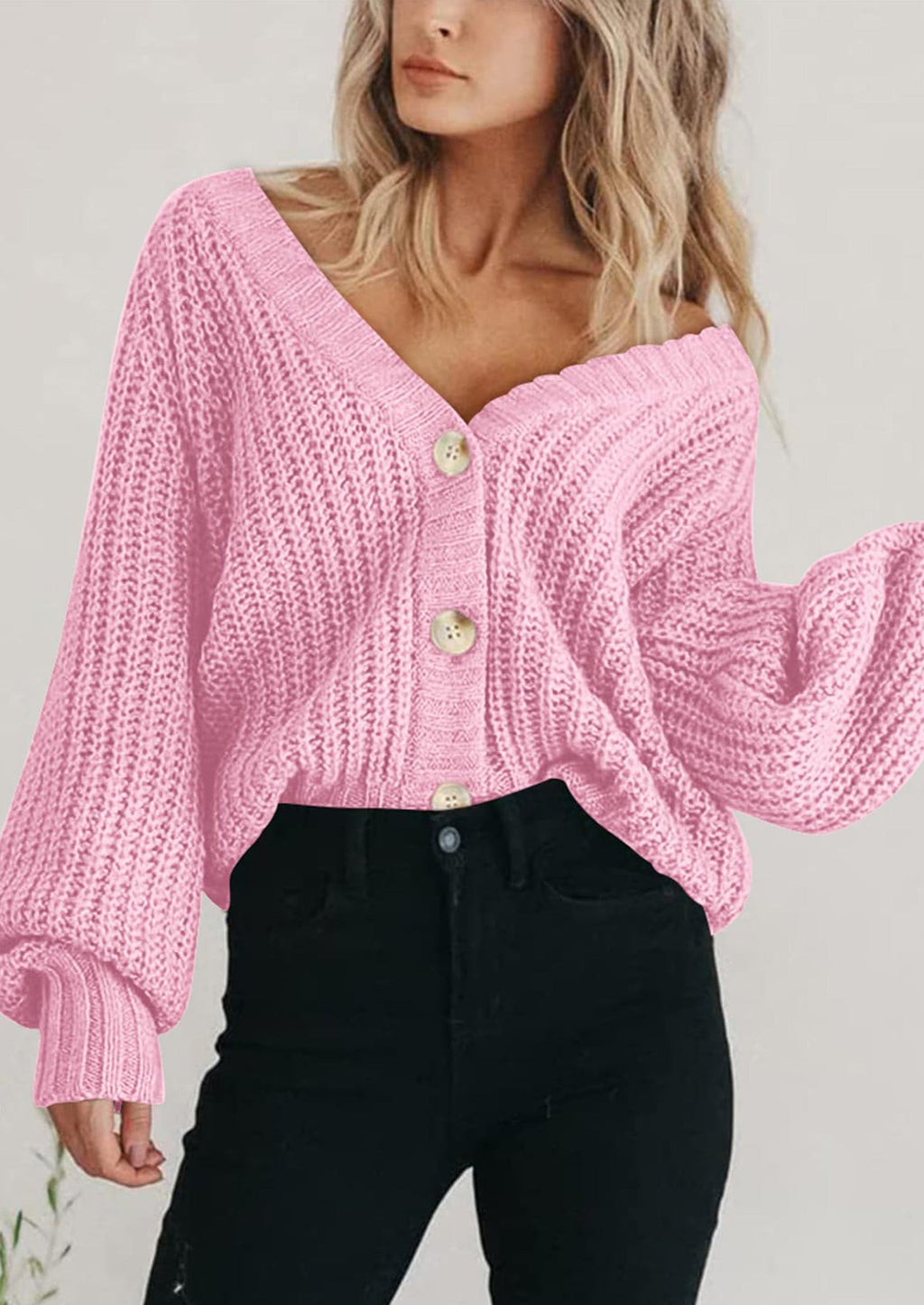 Women's Chunky Knit Open Front Sweater Long Sleeve Button Loose Short Cardigan Outerwear Coats