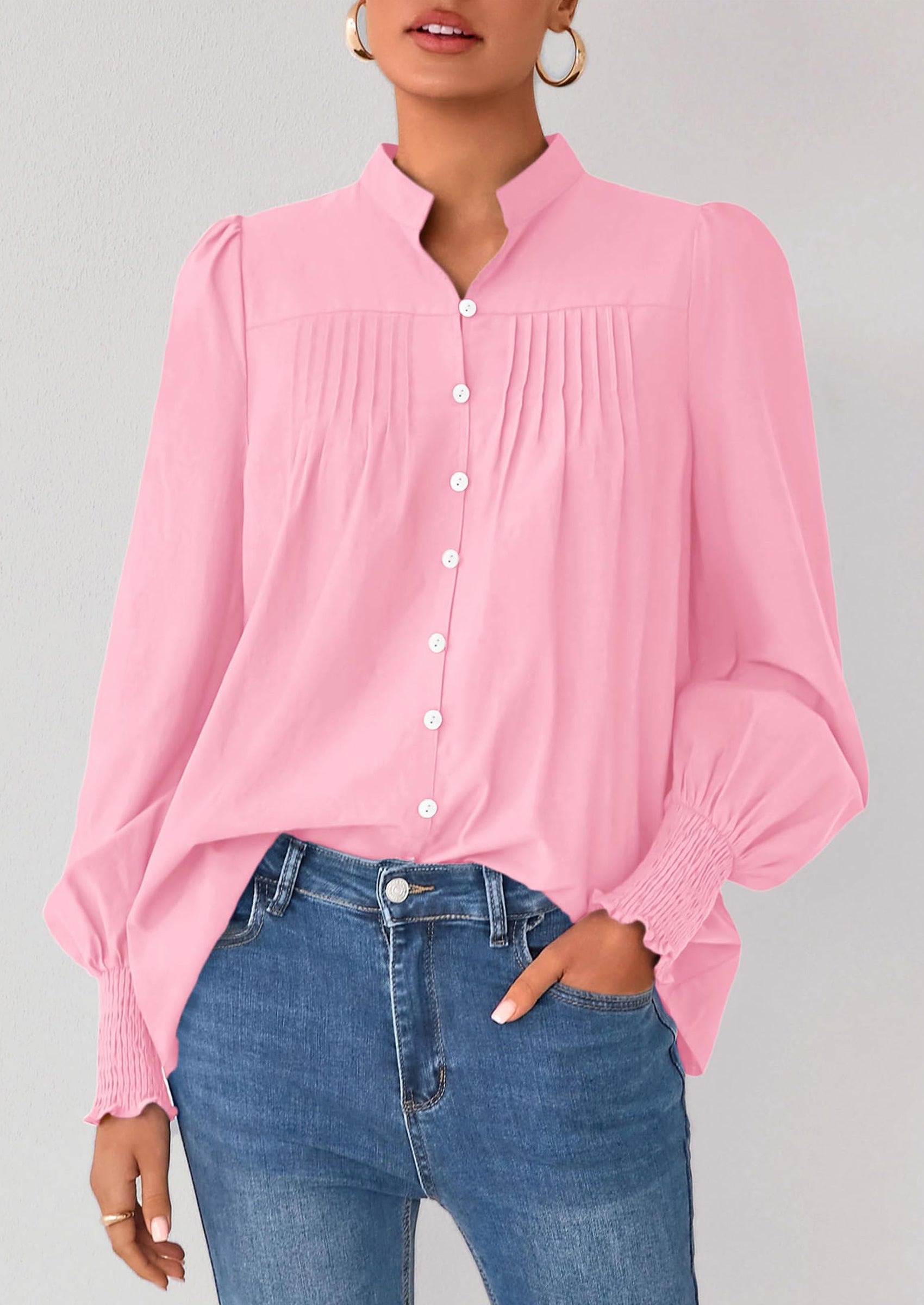 Womens Fall Lantern Long Sleeve Shirts Trendy Button V Neck Pleated Henley Tops Loose Work Blouses