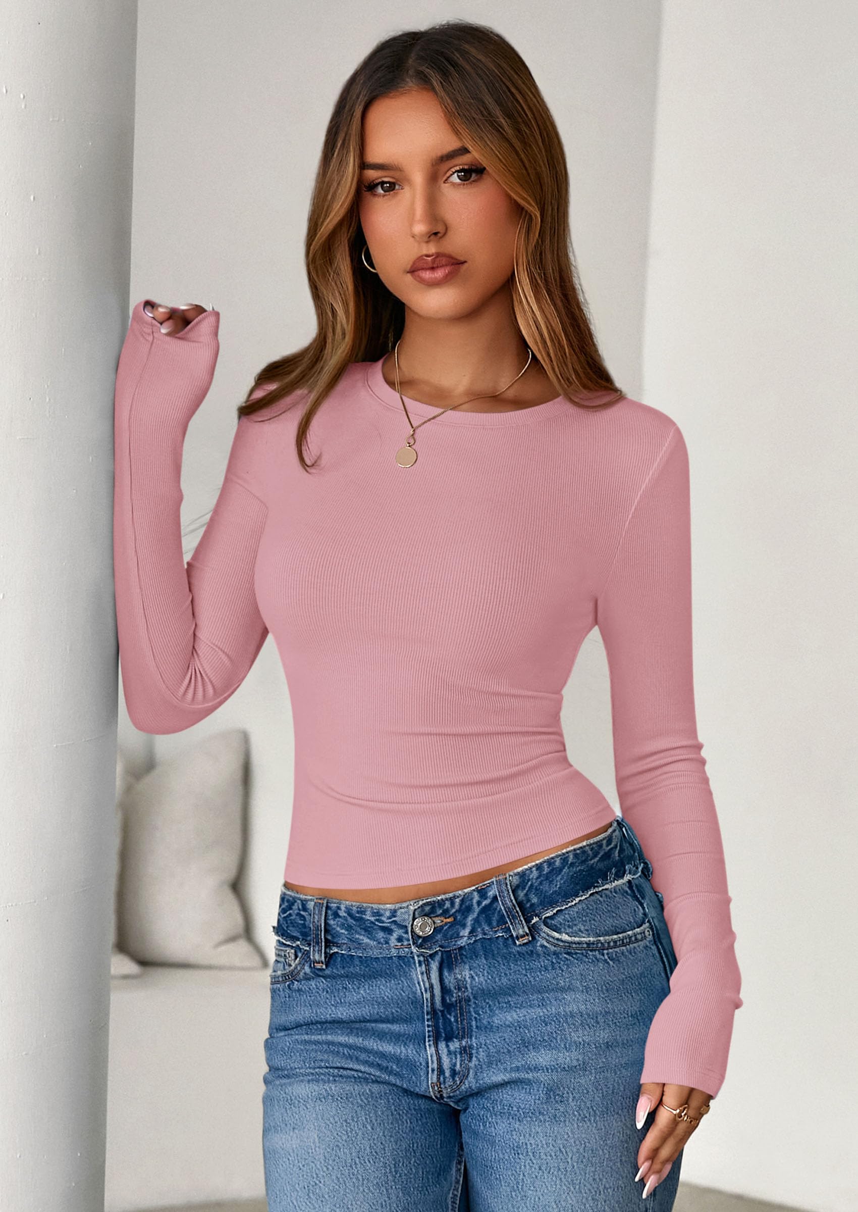 Womens Summer Fall Long Sleeve Shirts Ribbed Knit Fitted Basic Tee Going Out Tops Underscrub Casual Outfits