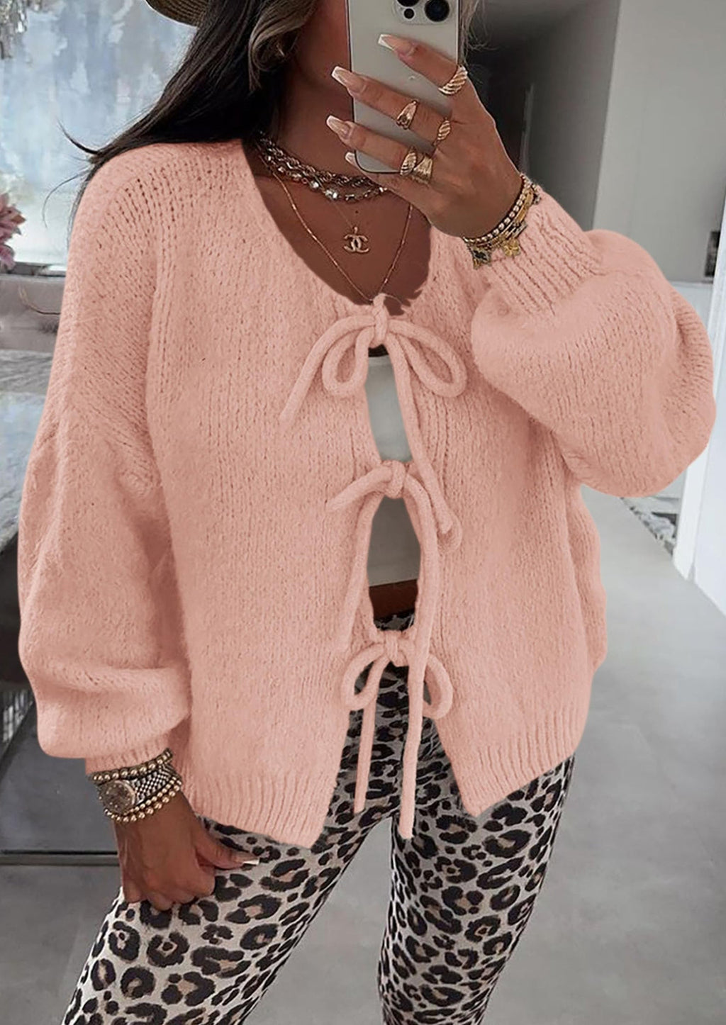 Women's Tie Front Bow Cardigan Sweaters Chunky Knit Long Puff Sleeve Trendy Fall Winter Jacket Coats