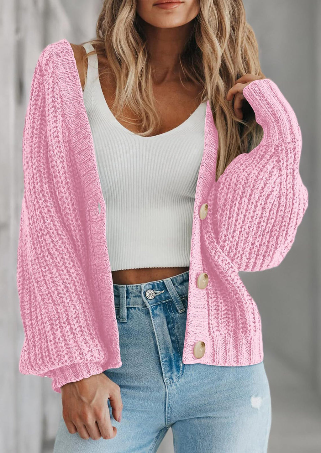 Women's Chunky Knit Open Front Sweater Long Sleeve Button Loose Short Cardigan Outerwear Coats