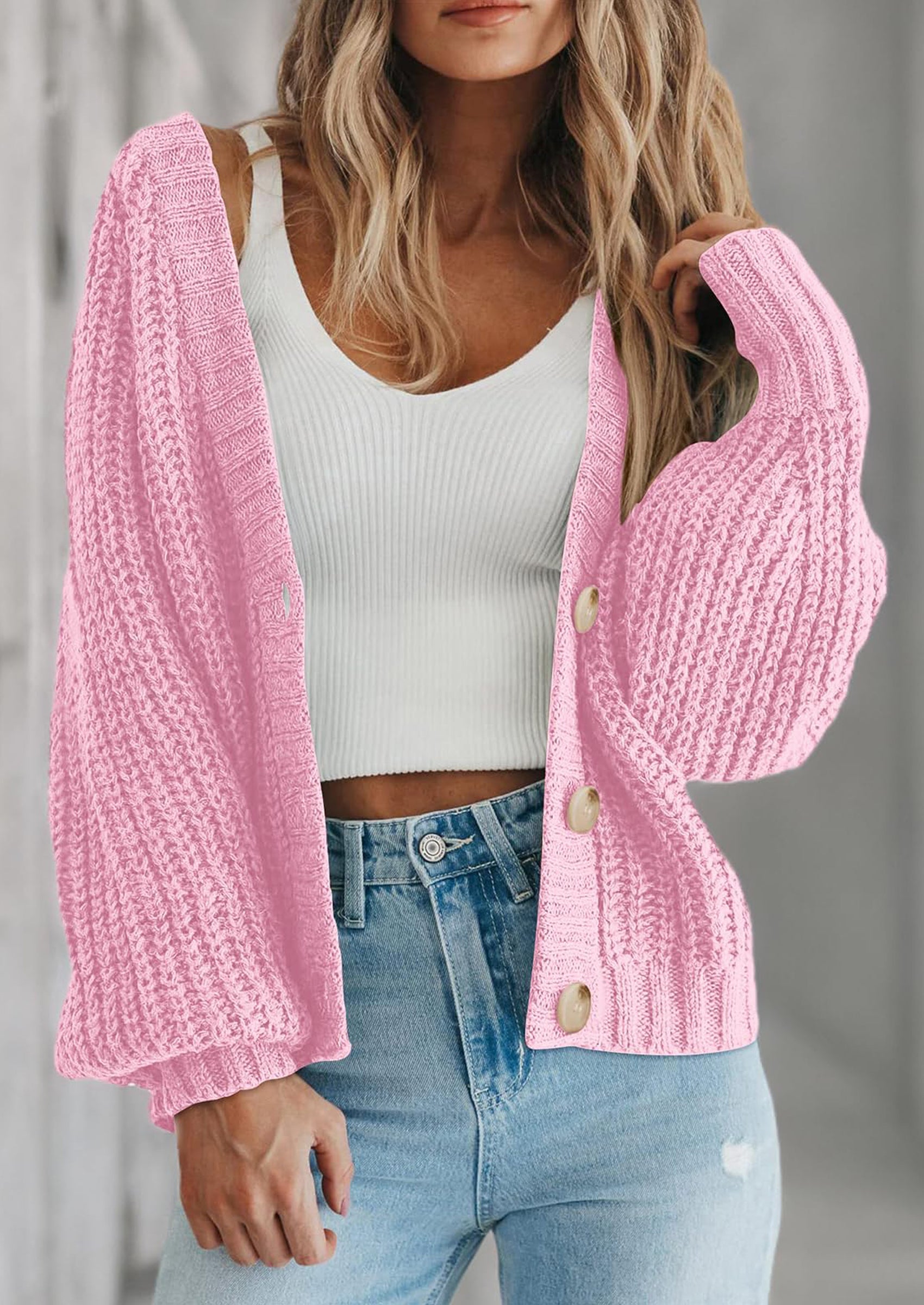 Women's Chunky Knit Open Front Sweater Long Sleeve Button Loose Short Cardigan Outerwear Coats