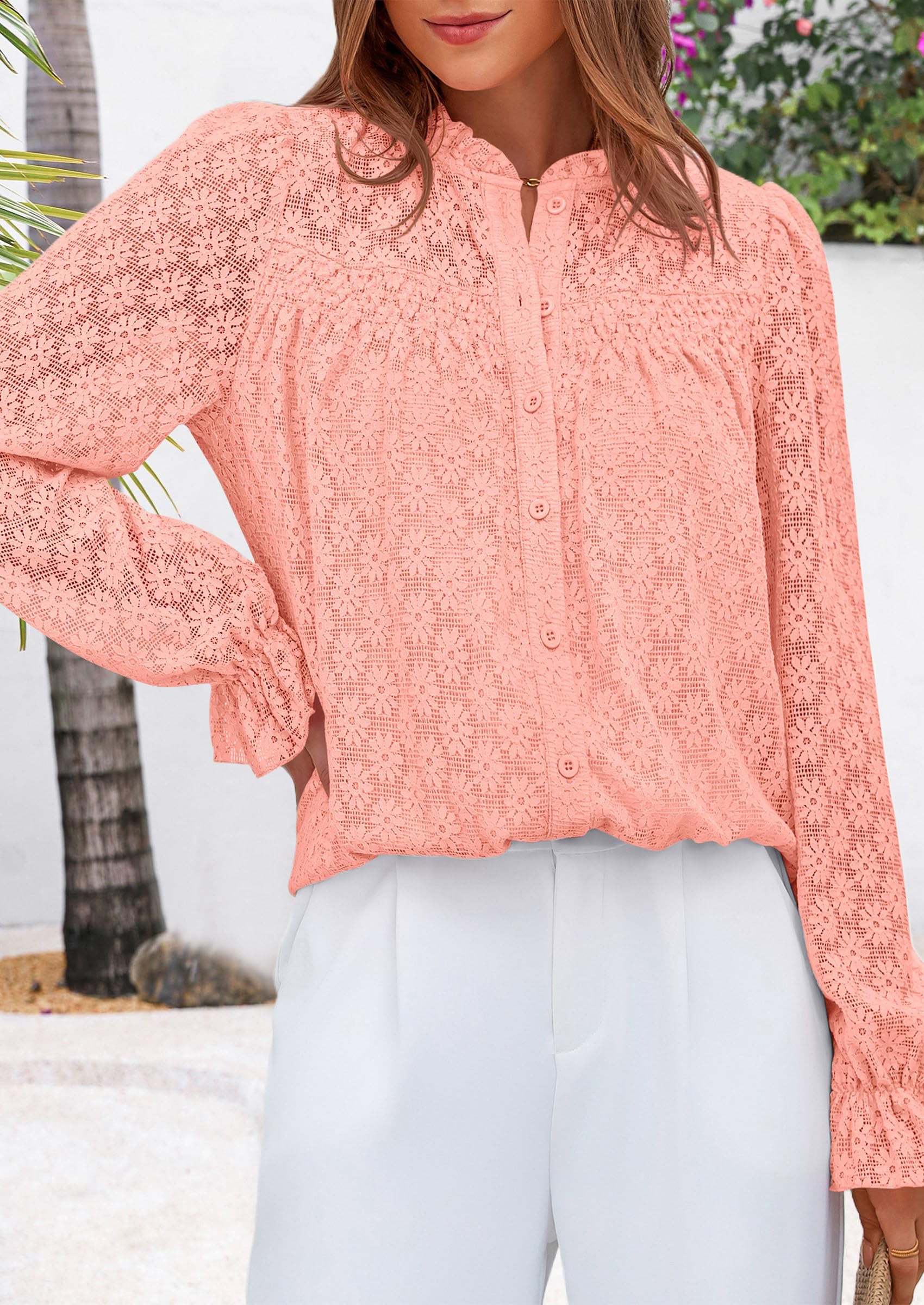 Lace Long Sleeve Tops for Women Eyelet Blouses Dressy Casual Hollow Out Button Down Shirts Summer Outfits
