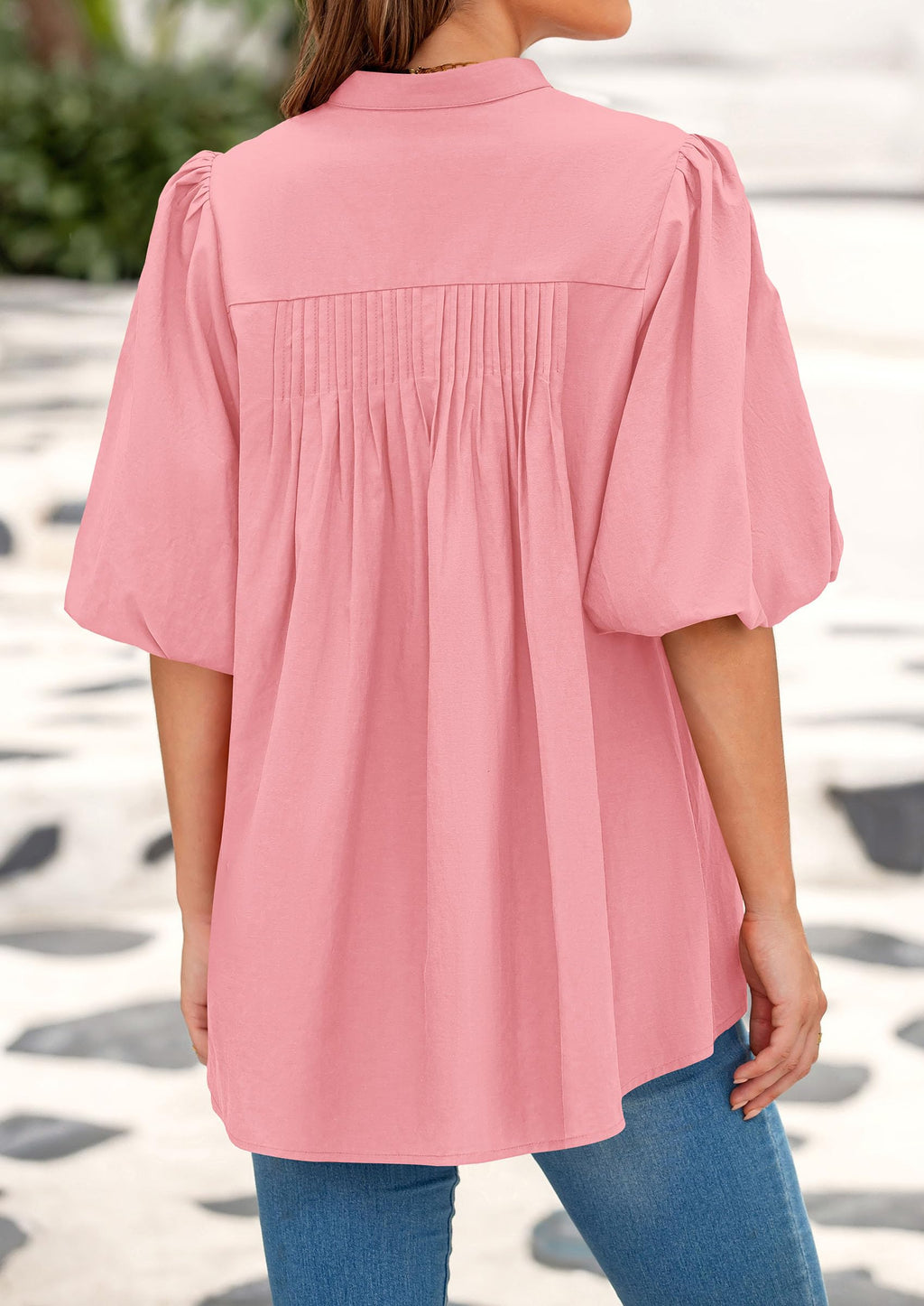 Women's Summer Short Lantern Sleeve Tops Loose Fit Button Down Shirt Casual Pleated V Neck Blouses