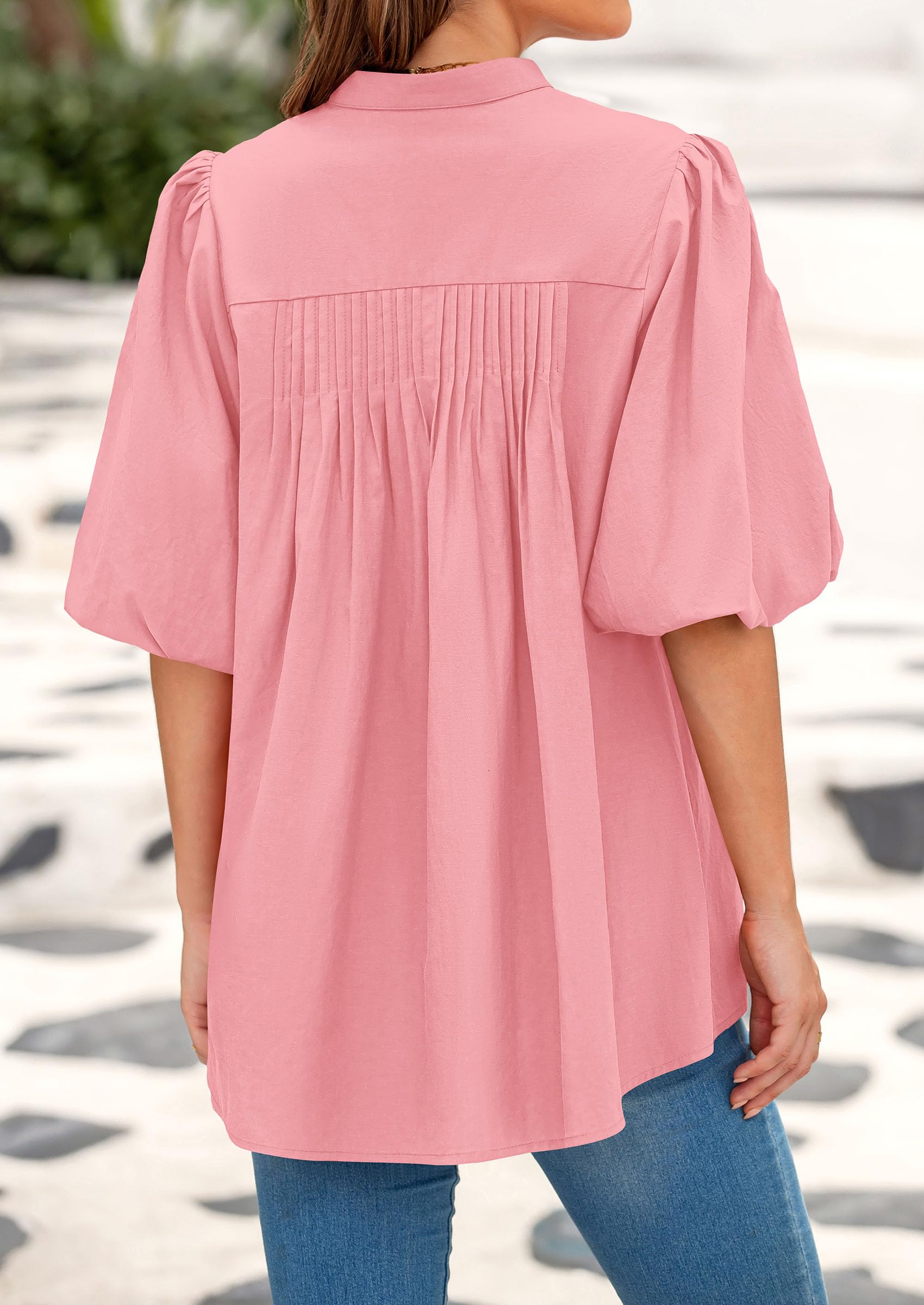Women's Summer Short Lantern Sleeve Tops Loose Fit Button Down Shirt Casual Pleated V Neck Blouses