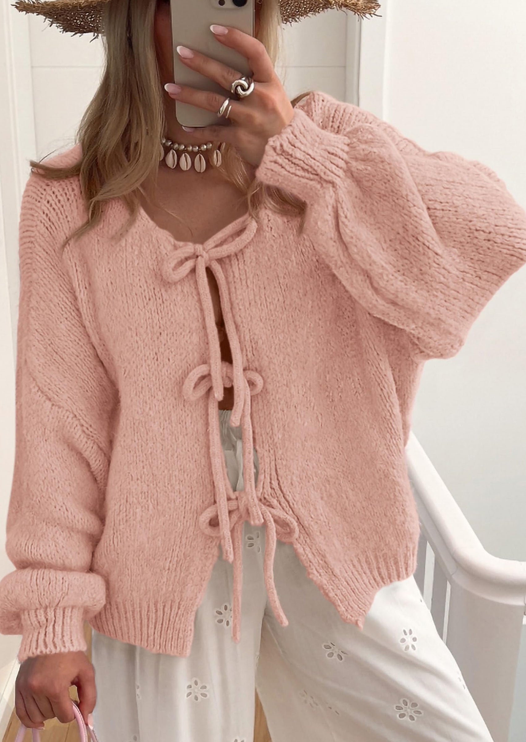 Women's Tie Front Bow Cardigan Sweaters Chunky Knit Long Puff Sleeve Trendy Fall Winter Jacket Coats