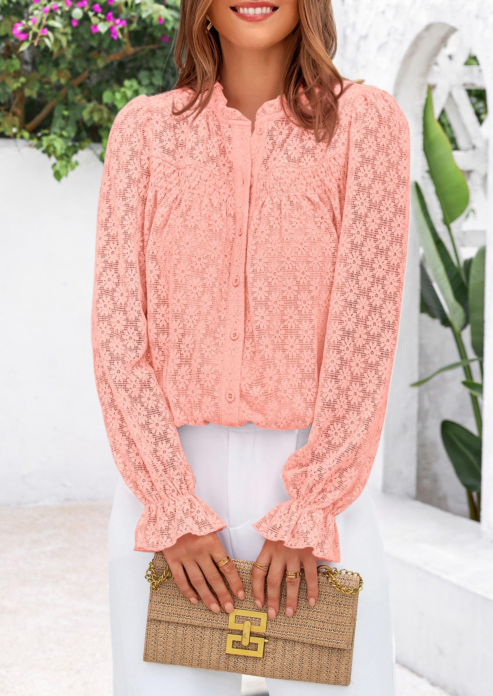 Lace Long Sleeve Tops for Women Eyelet Blouses Dressy Casual Hollow Out Button Down Shirts Summer Outfits