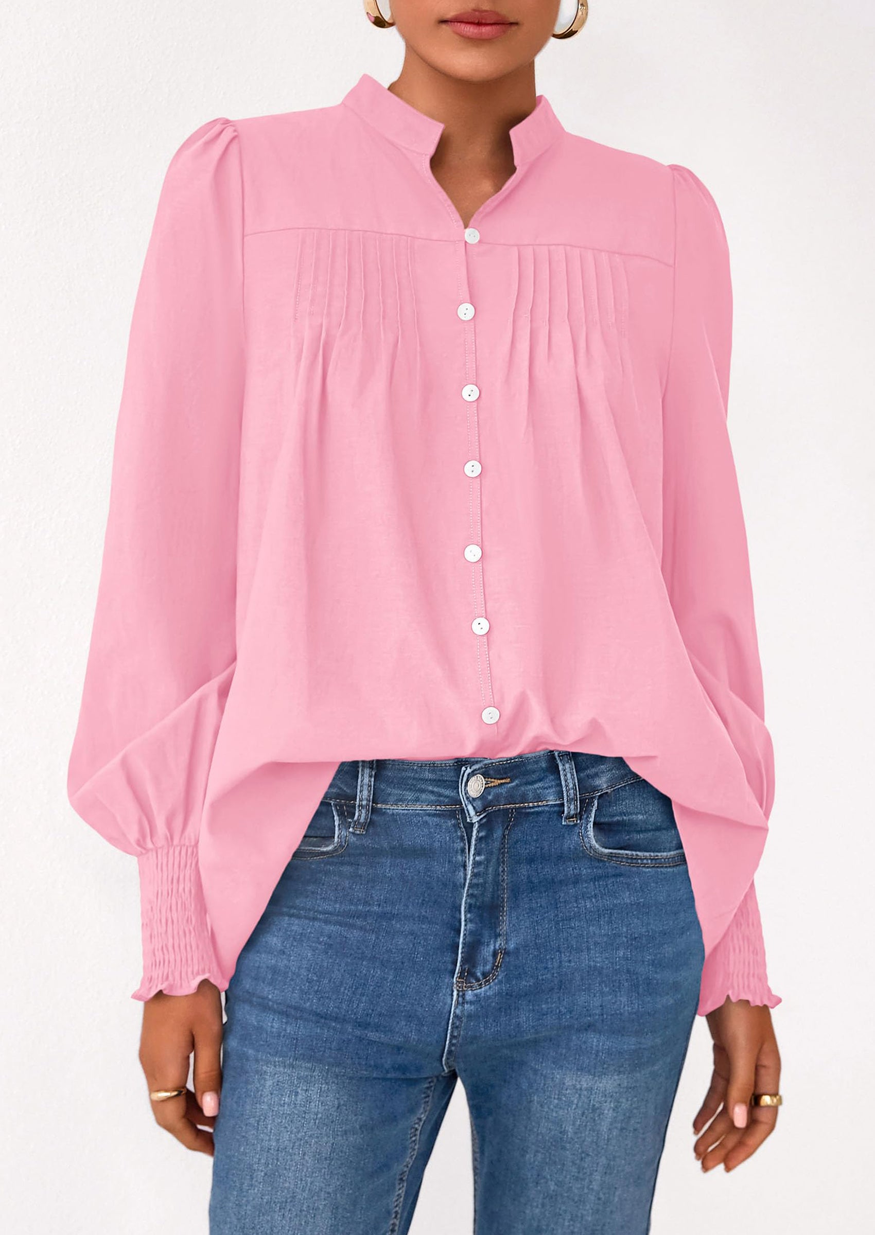 Womens Fall Lantern Long Sleeve Shirts Trendy Button V Neck Pleated Henley Tops Loose Work Blouses