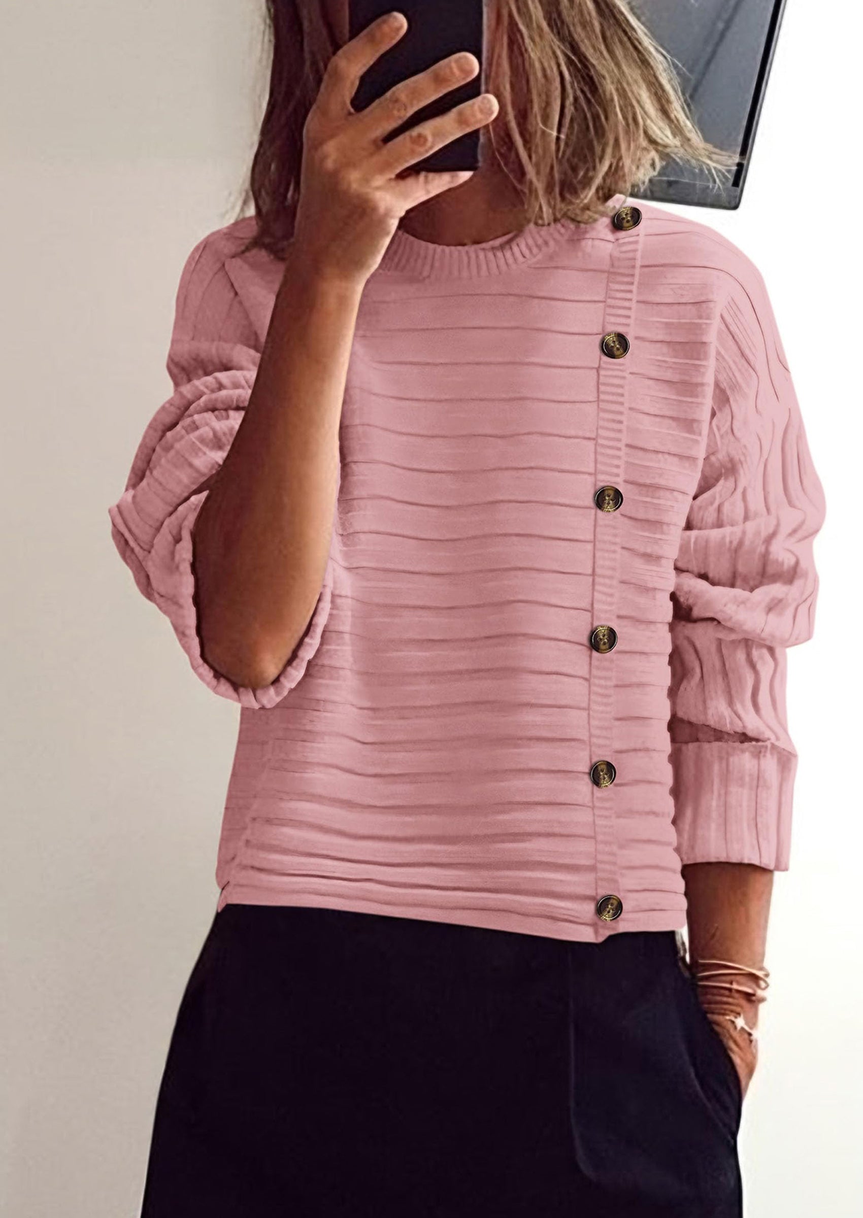 Womens Sweaters Fall Casual Long Sleeve Crewneck Button Loose Winter Knit Pullover Sweater Tops