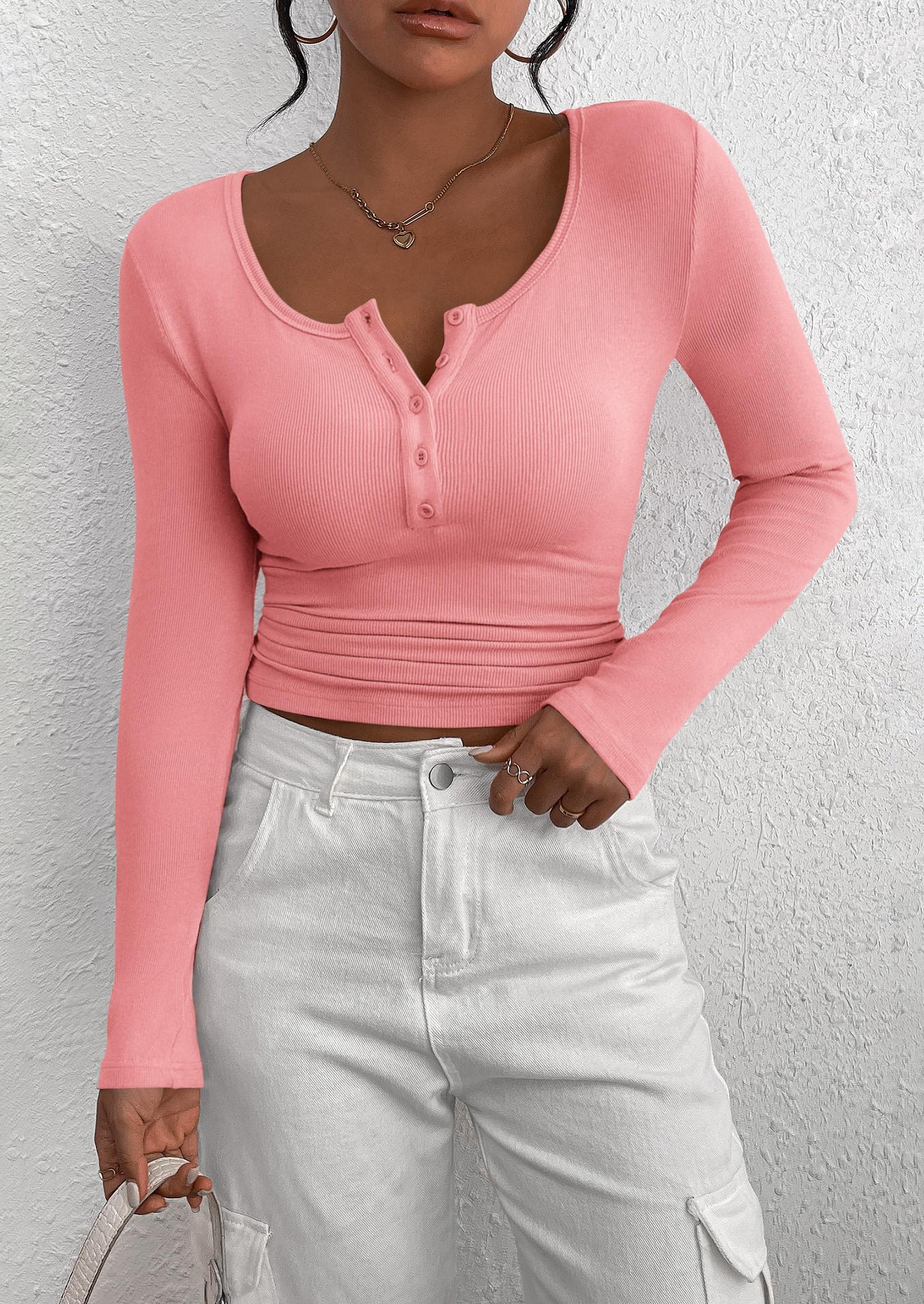Women's Spring Fall Long Sleeve Henley T Shirts Button Ribbed Knit Slim Fit Casual Basic Tops Blouse
