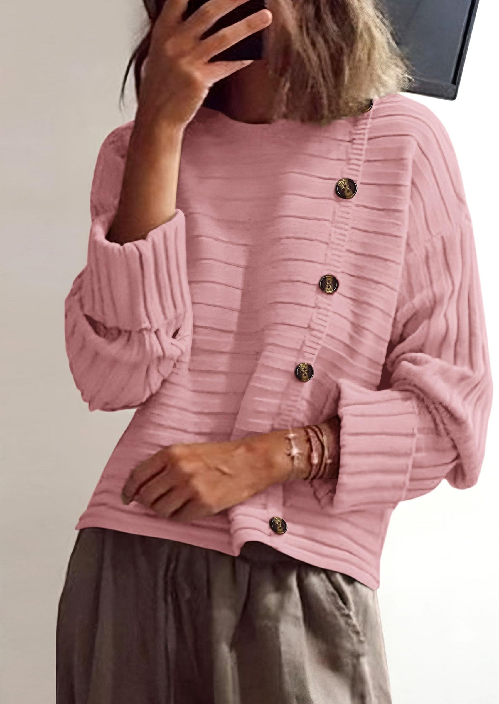 Womens Sweaters Fall Casual Long Sleeve Crewneck Button Loose Winter Knit Pullover Sweater Tops