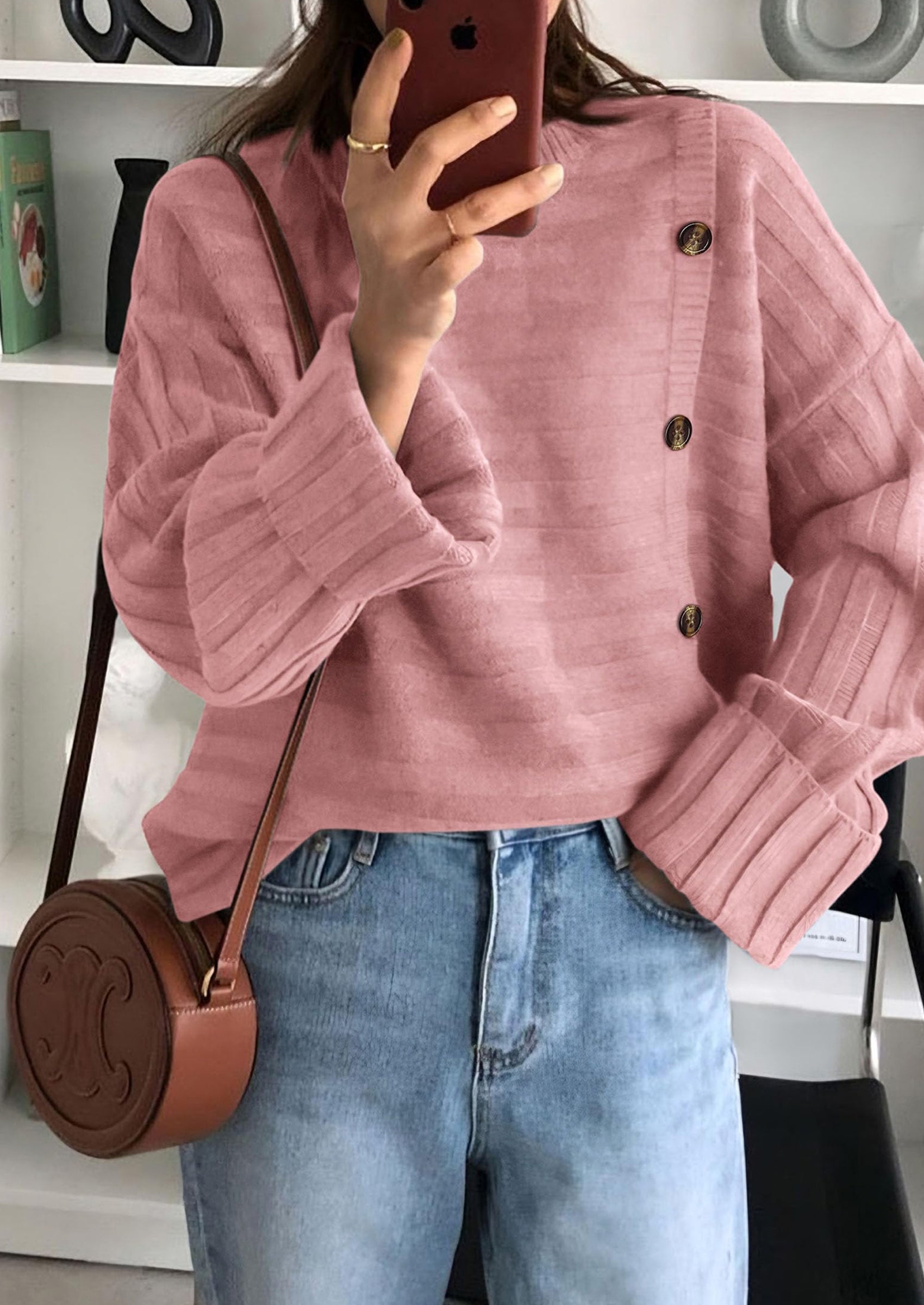 Womens Sweaters Fall Casual Long Sleeve Crewneck Button Loose Winter Knit Pullover Sweater Tops