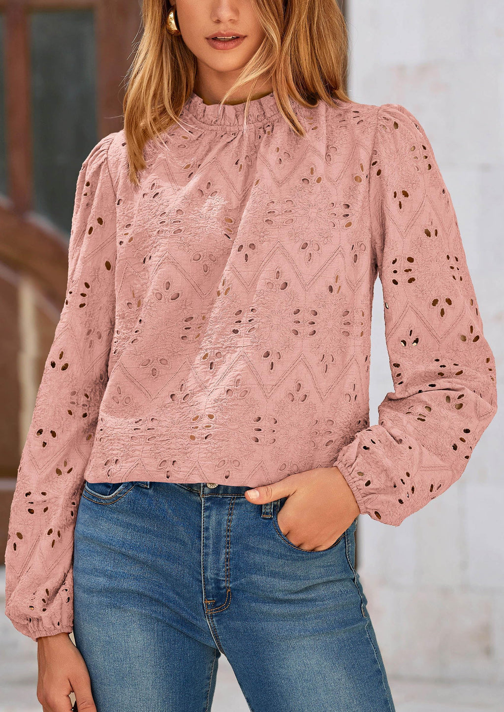 Womens Tops Dressy Casual Spring Long Sleeve Shirts Embroidered Eyelet Blouses Going Out Outfits