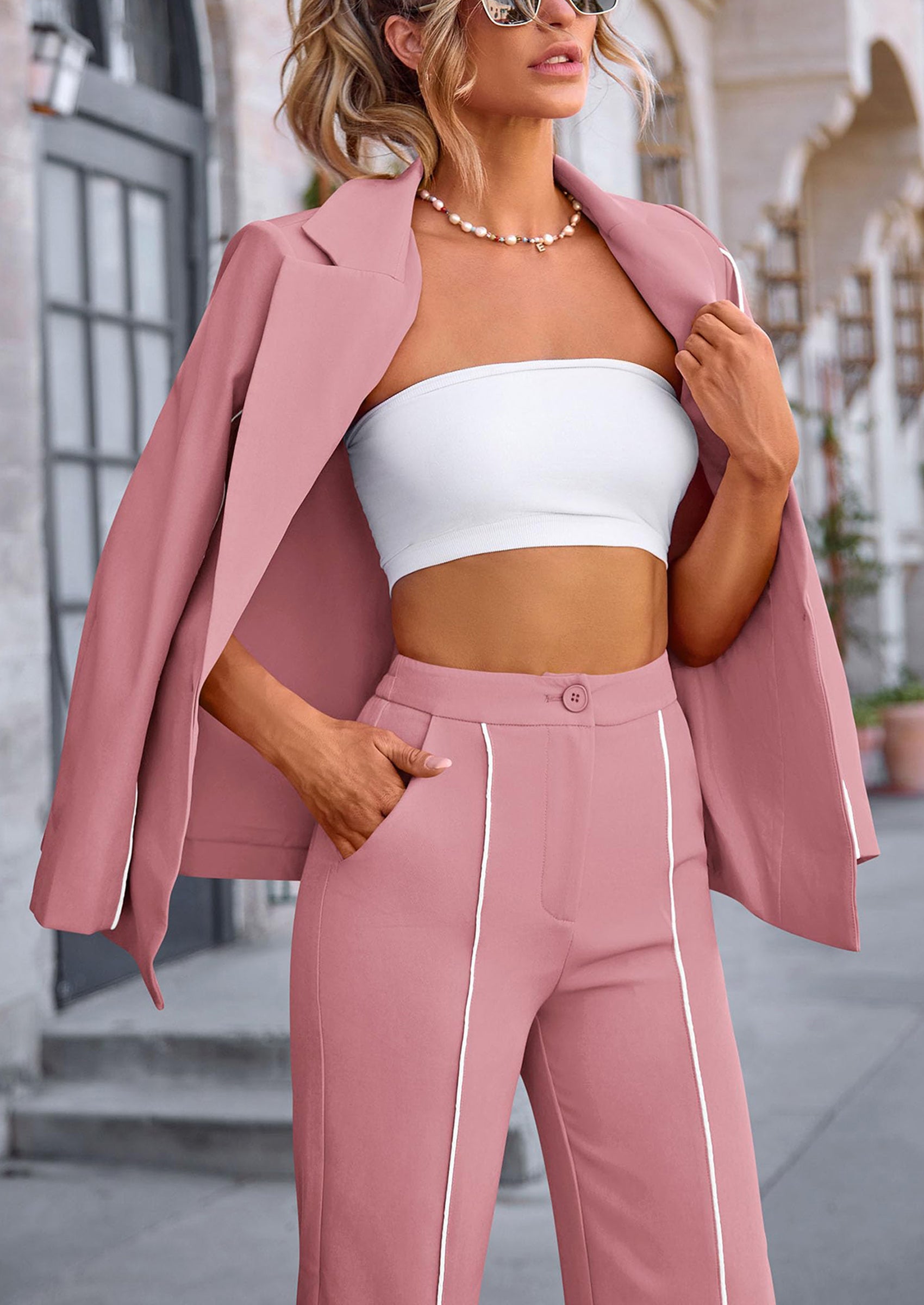 2 Piece Blazer Outfits Business Casual Oversized Jacket Wide Leg Work Pants Dressy Suit Set