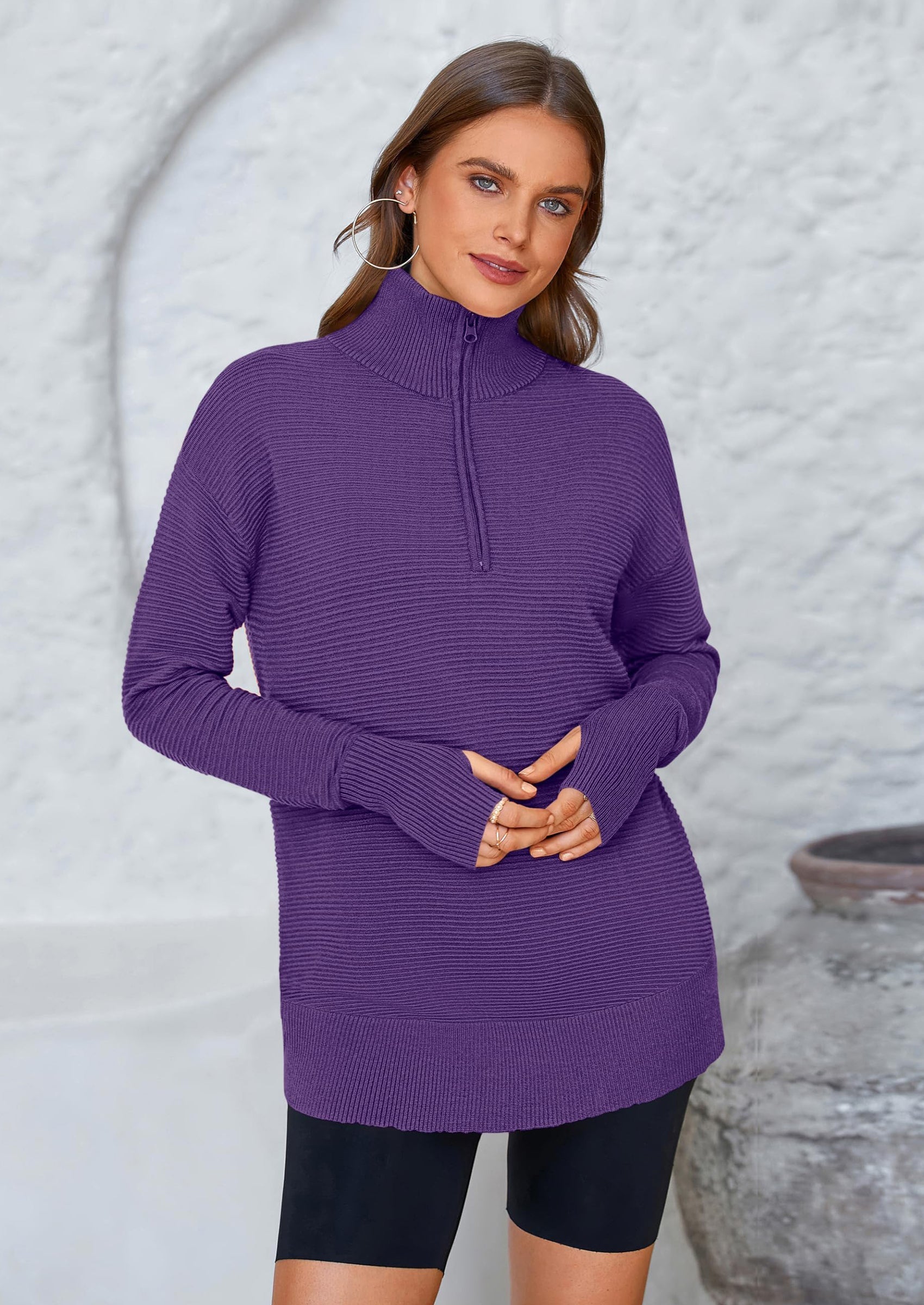 Womens Long Sleeve Quarter Zip Pullover Sweater Casual Loose V Neck Collared Ribbed Knit Jumper Tops Thumb Hole