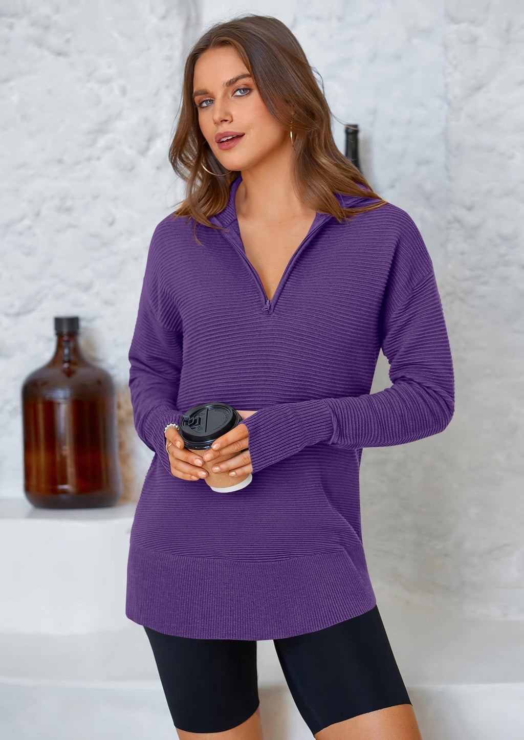 Womens Long Sleeve Quarter Zip Pullover Sweater Casual Loose V Neck Collared Ribbed Knit Jumper Tops Thumb Hole