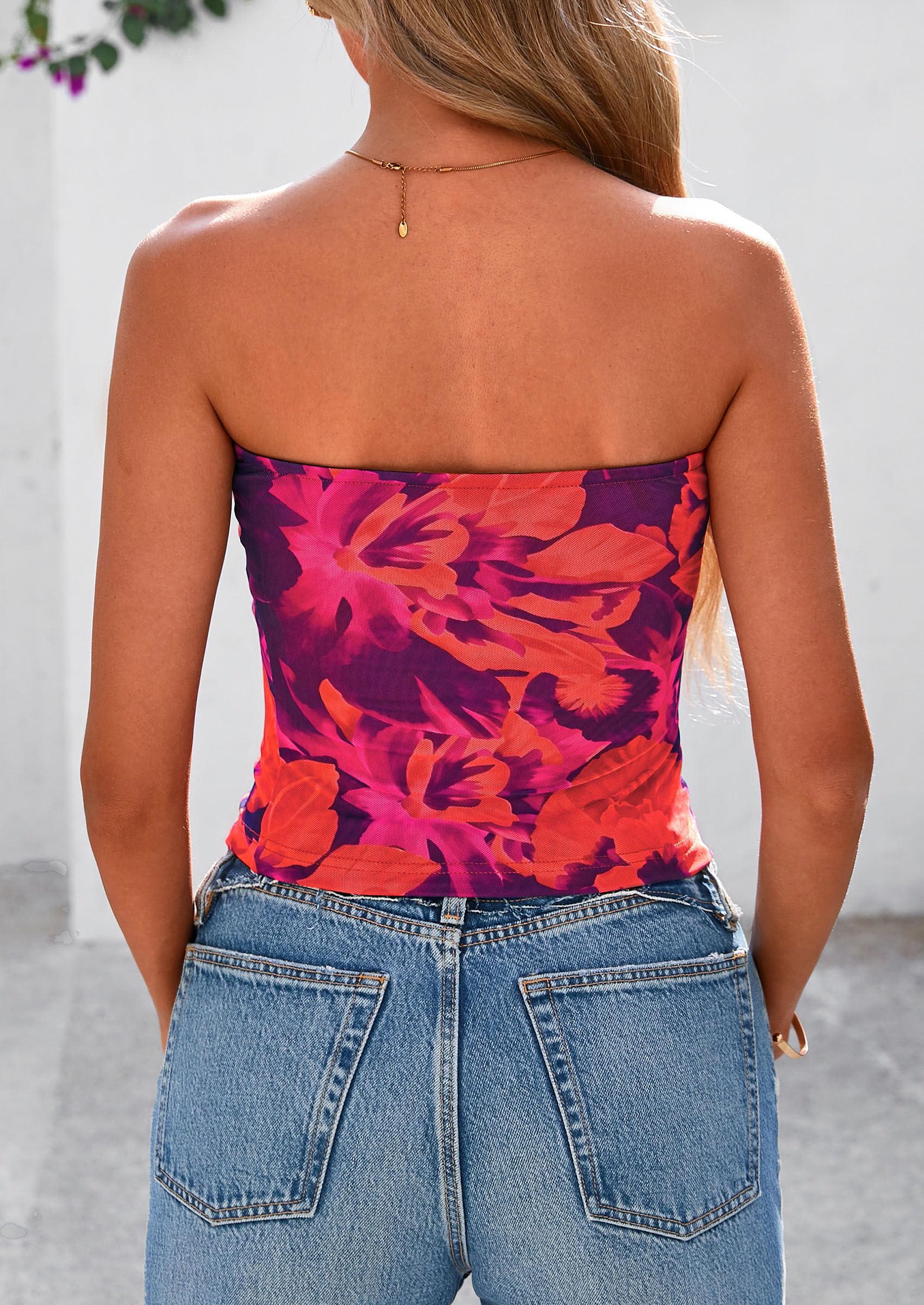 Strapless Tube Tops for Women Summer Mesh Floral Y2K Bandeau Cute Crop Top Trendy Going Out Outfits